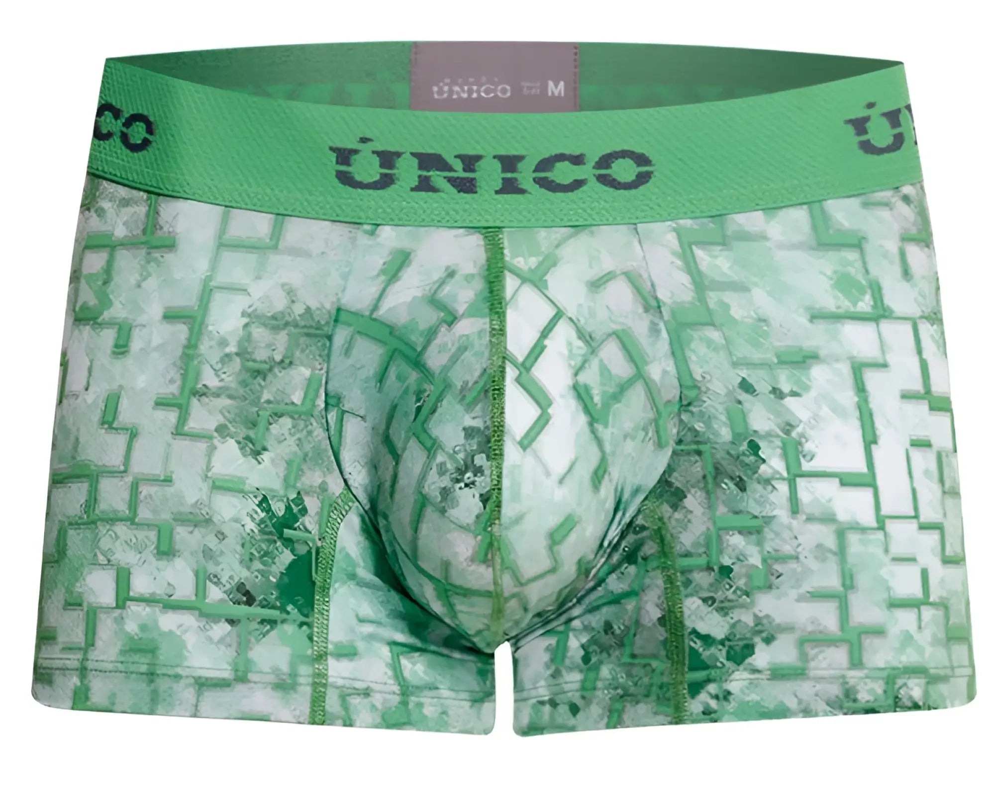 Green and white geometric-patterned men’s boxer briefs with unico branded waistband in color 43 green