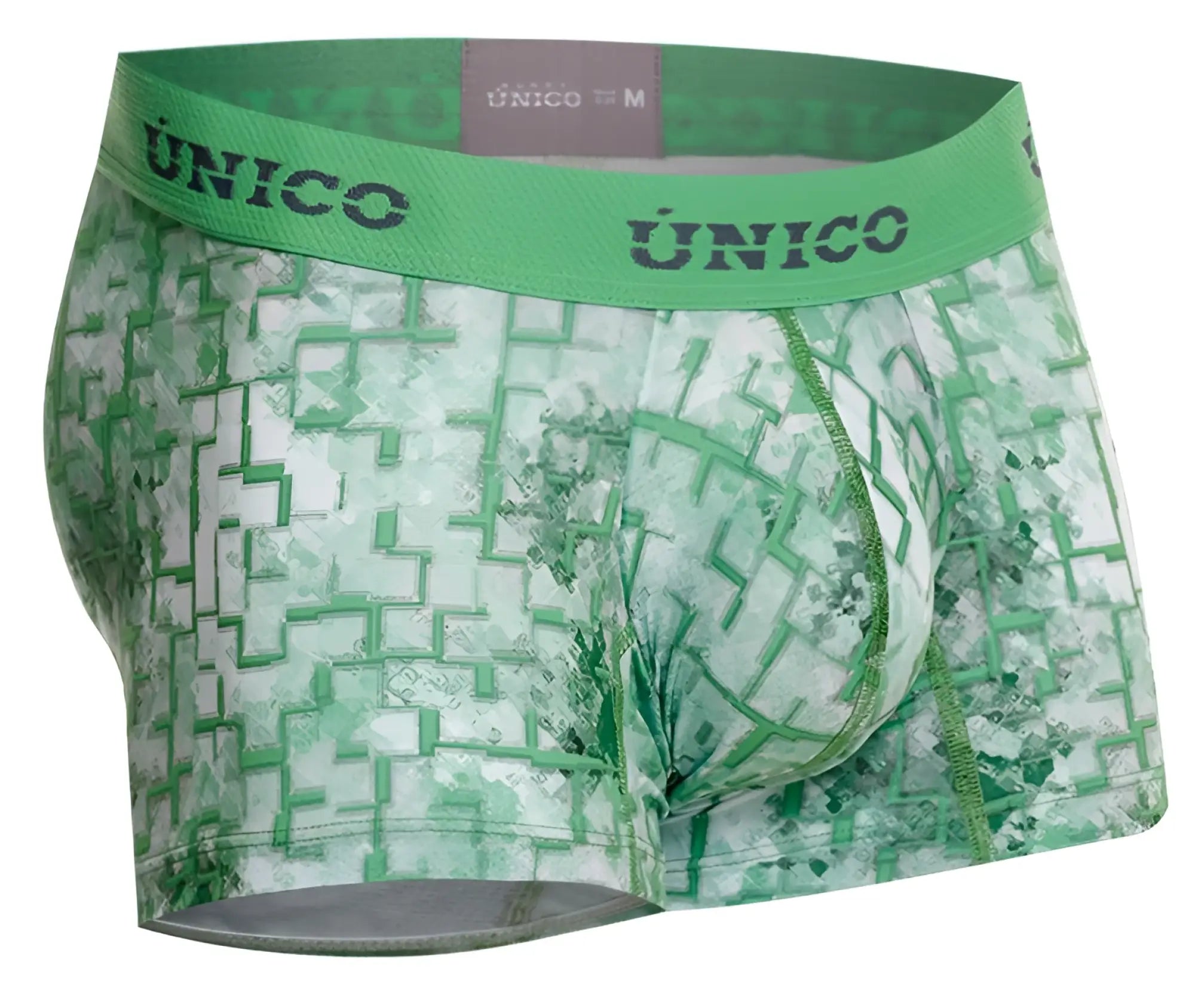 Green and white patterned unico men’s boxer briefs with maze-like design in color 43 green