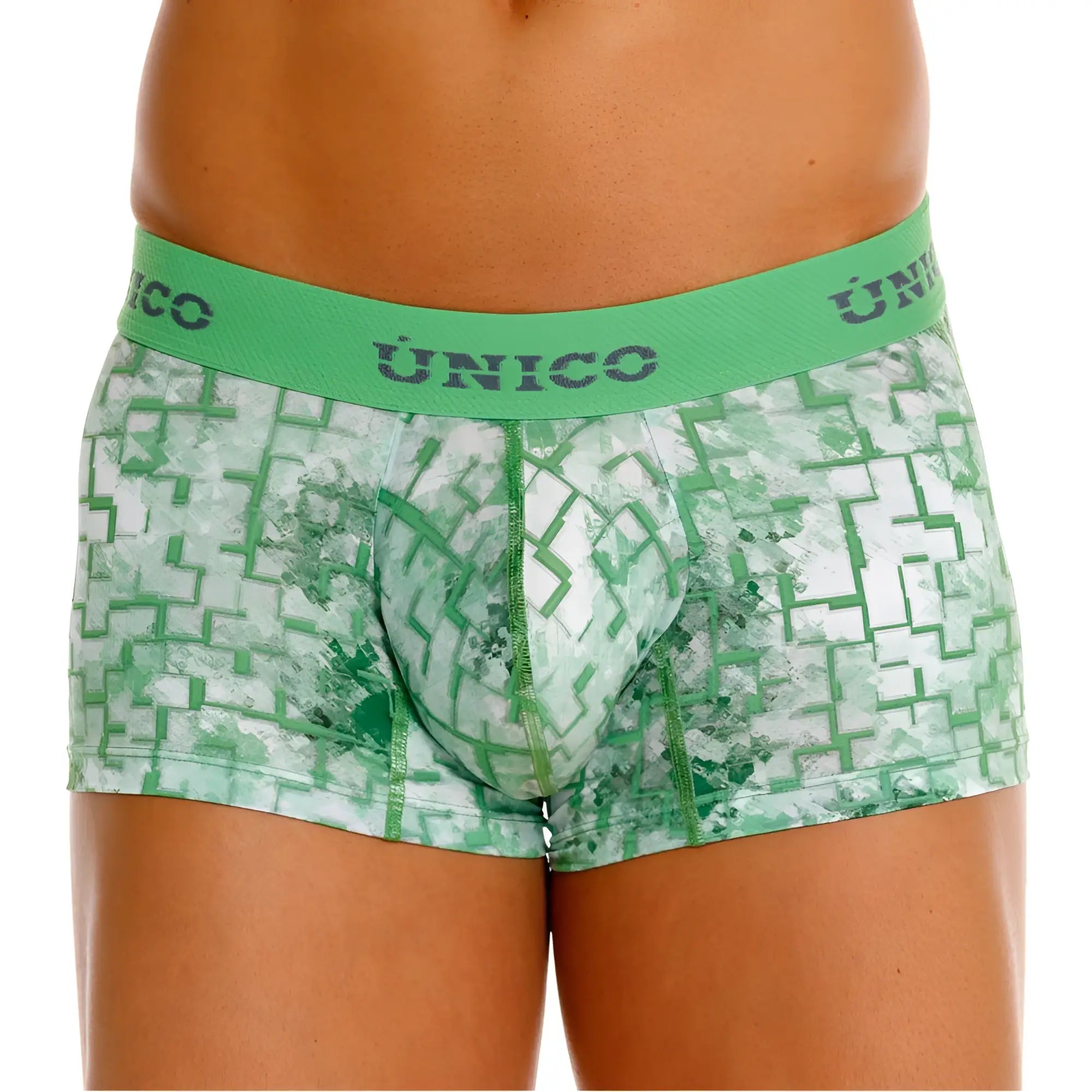 Unico 26020100102 Piramide green and white patterned men’s boxer briefs with geometric maze design front view