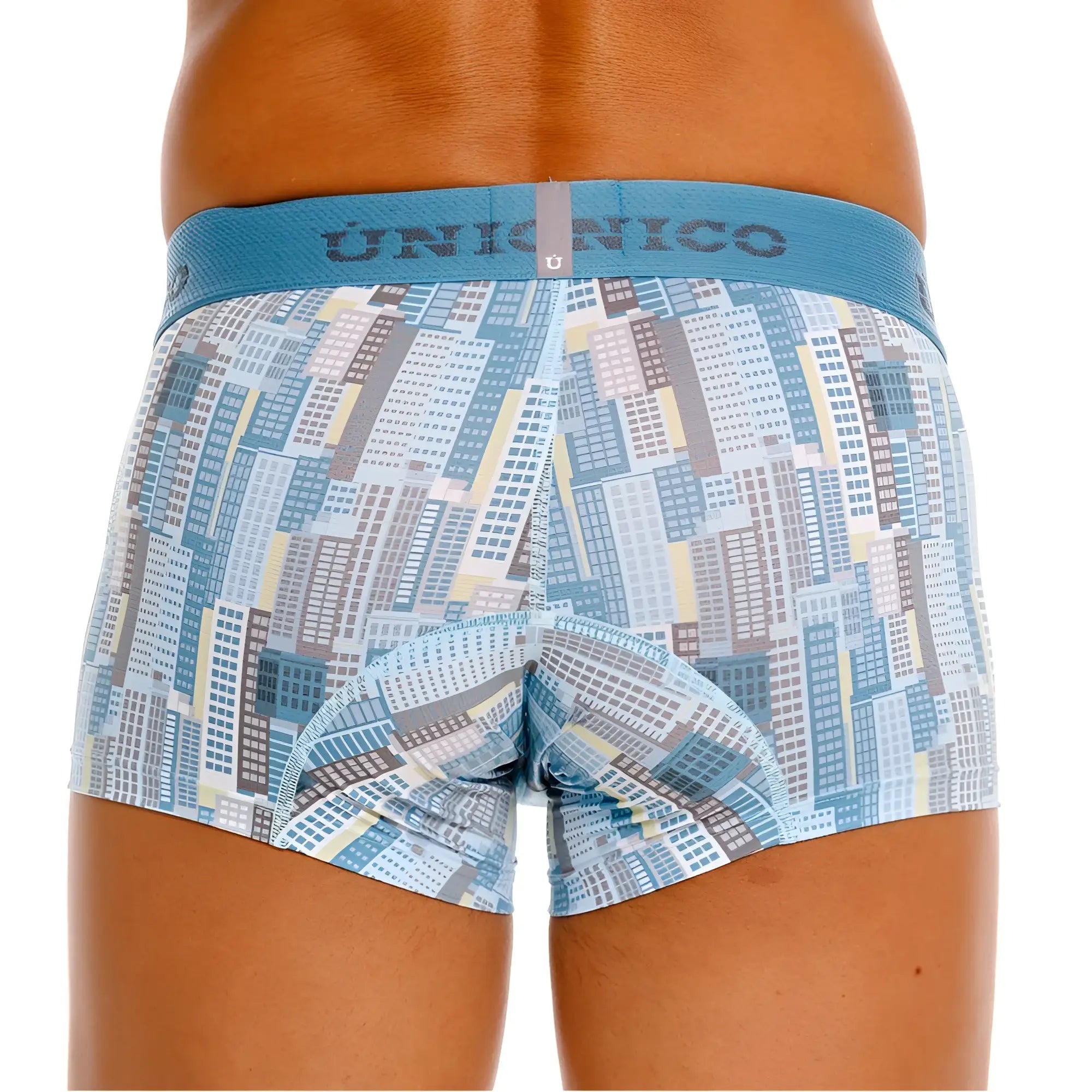 Blue and gray cityscape-patterned unionico men’s boxer briefs with solid teal waistband ocarina trunks color 46-blue