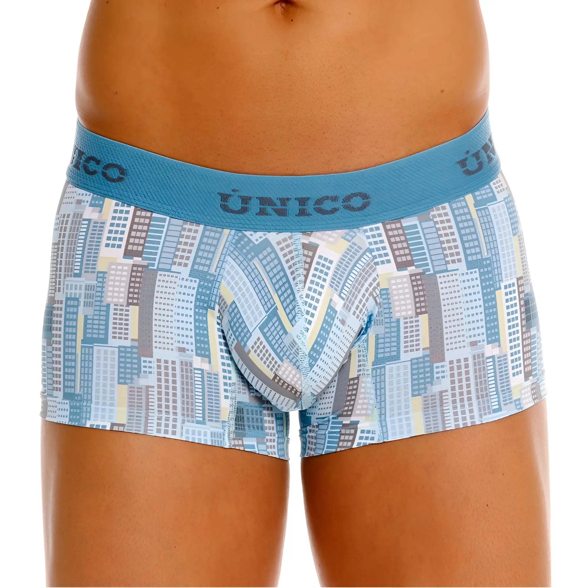 Blue and gray cityscape-patterned unico men’s boxer briefs with solid blue waistband ocarina trunks color 46-blue