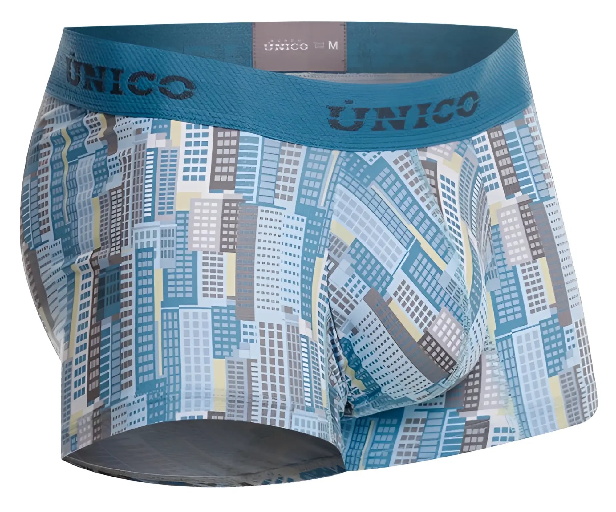Unico 26020100103 Ocarina trunks men’s boxer briefs in blue and gray cityscape pattern with teal waistband