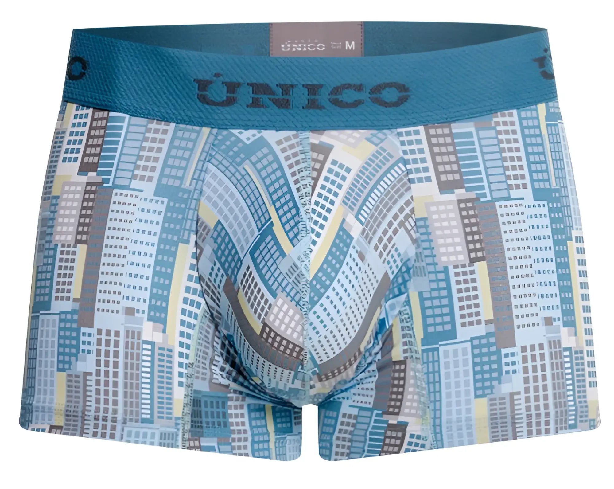 Men’s unico ocarina trunks boxer briefs in blue and gray cityscape pattern with soft breathable fabric