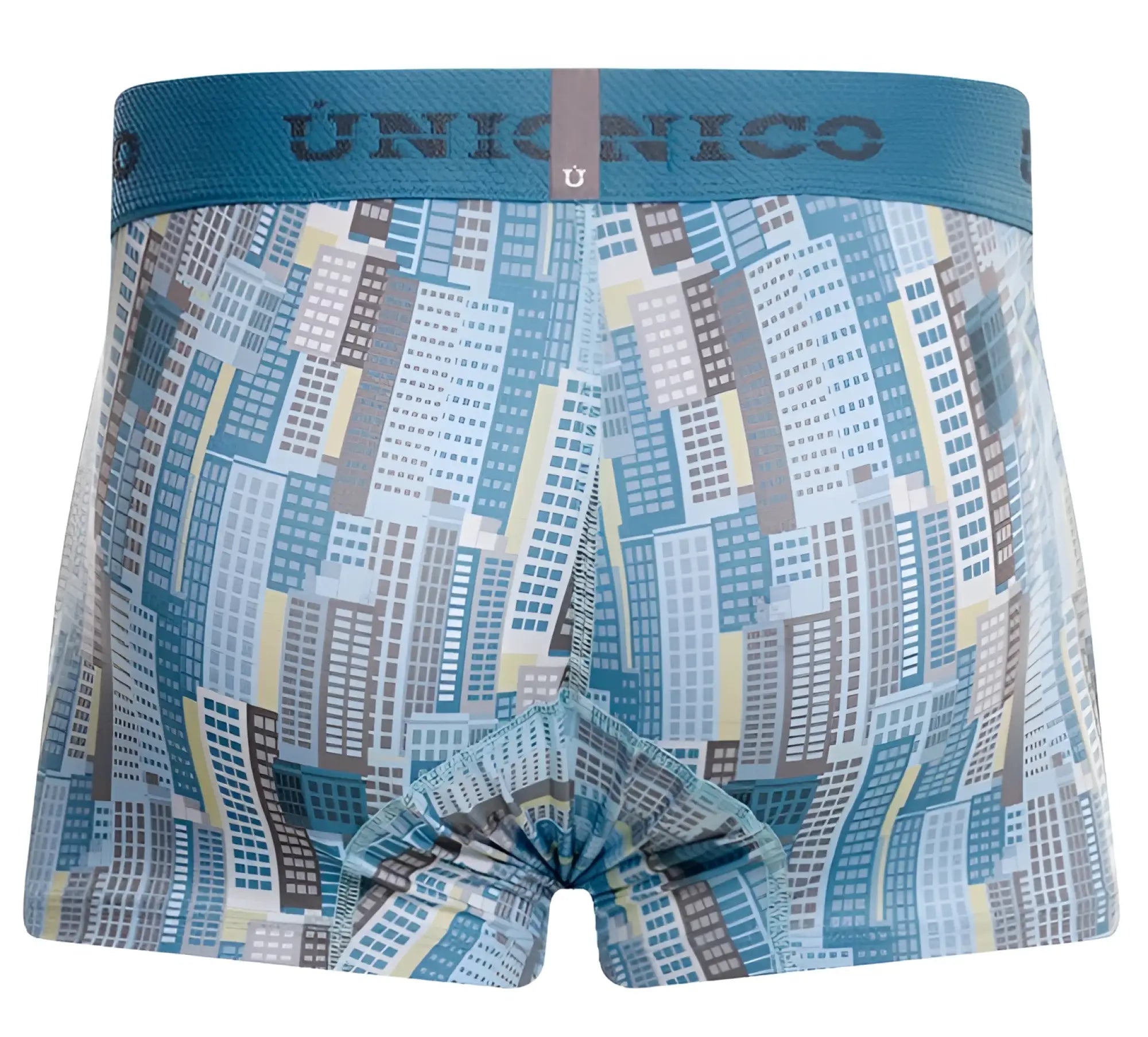 Blue and gray cityscape-patterned union nico boxer briefs with teal waistband from unico ocarina trunks color 46-blue