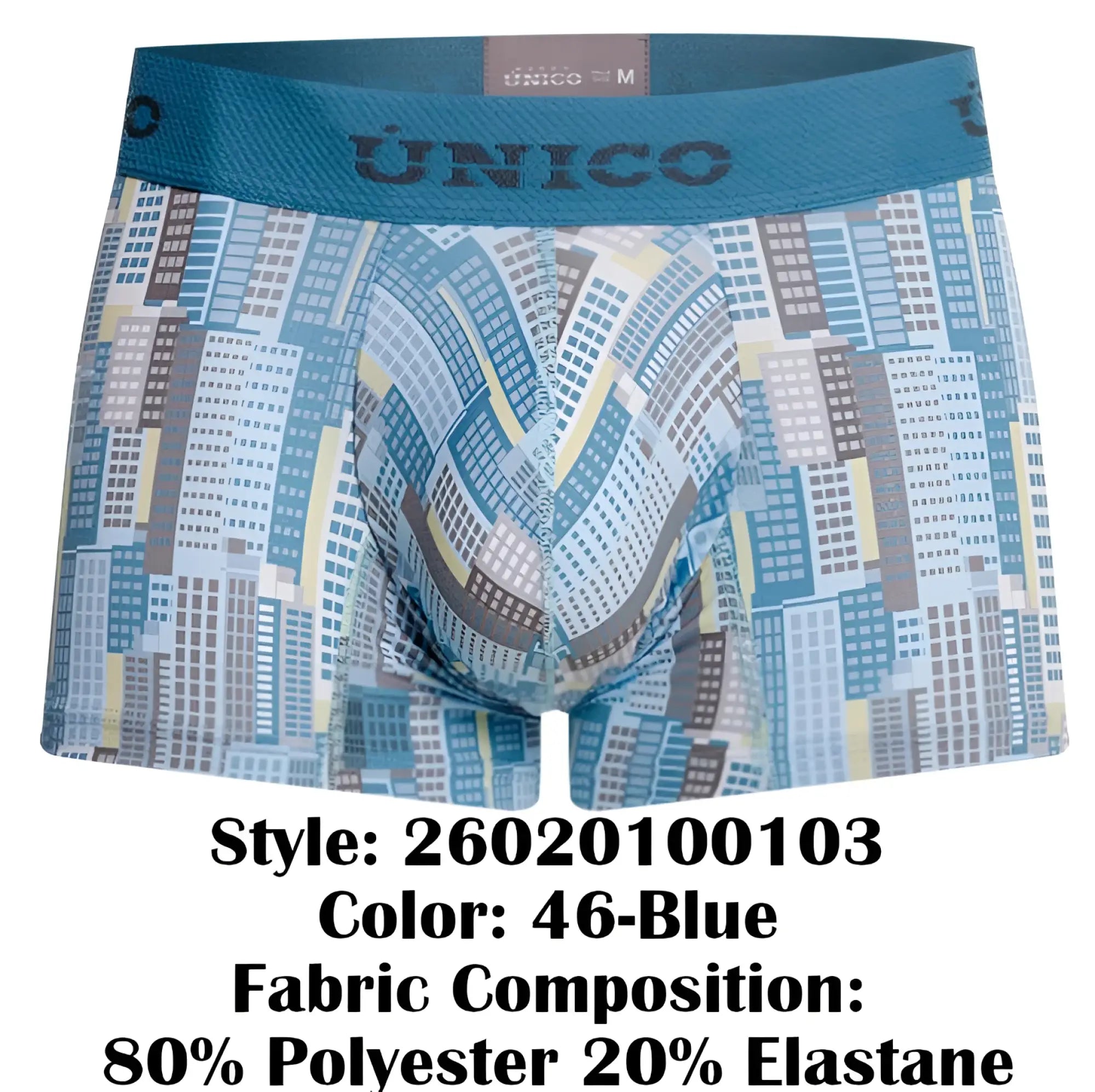 Unico 26020100103 Ocarina trunks blue patterned boxer briefs with stylized cityscape design in blue gray and beige