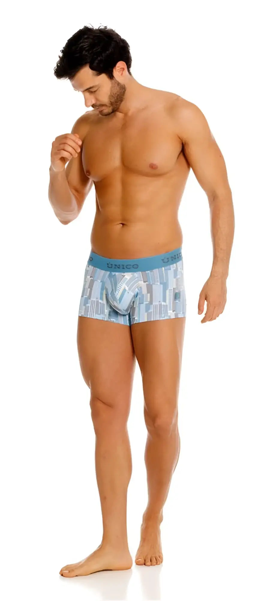 Blue and white geometric patterned men’s briefs with light blue unico waistband ocarina trunks color 46 blue