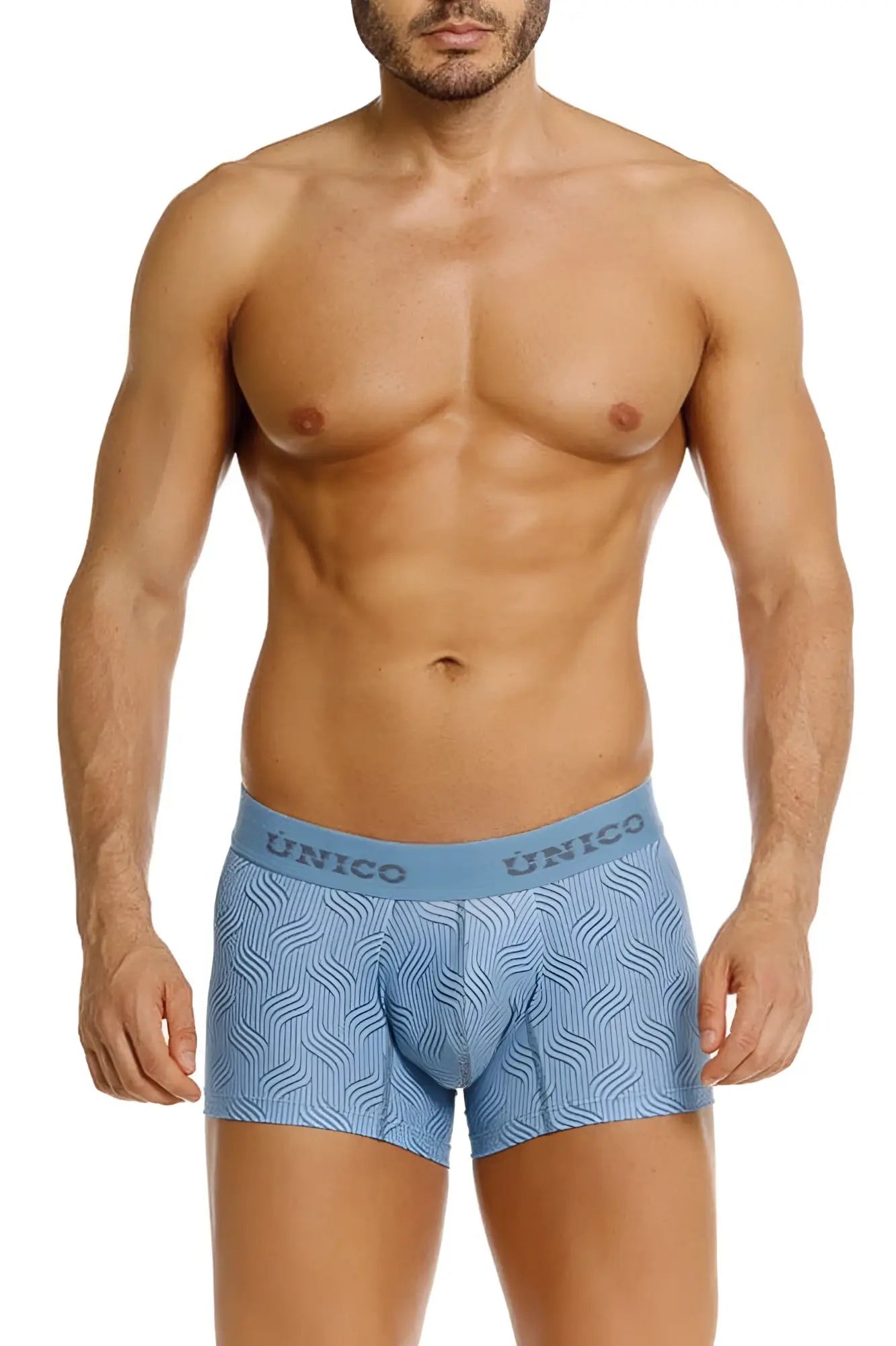Light blue unico 26020100111 lenoso trunks with subtle wavy pattern and matching waistband for comfortable wear
