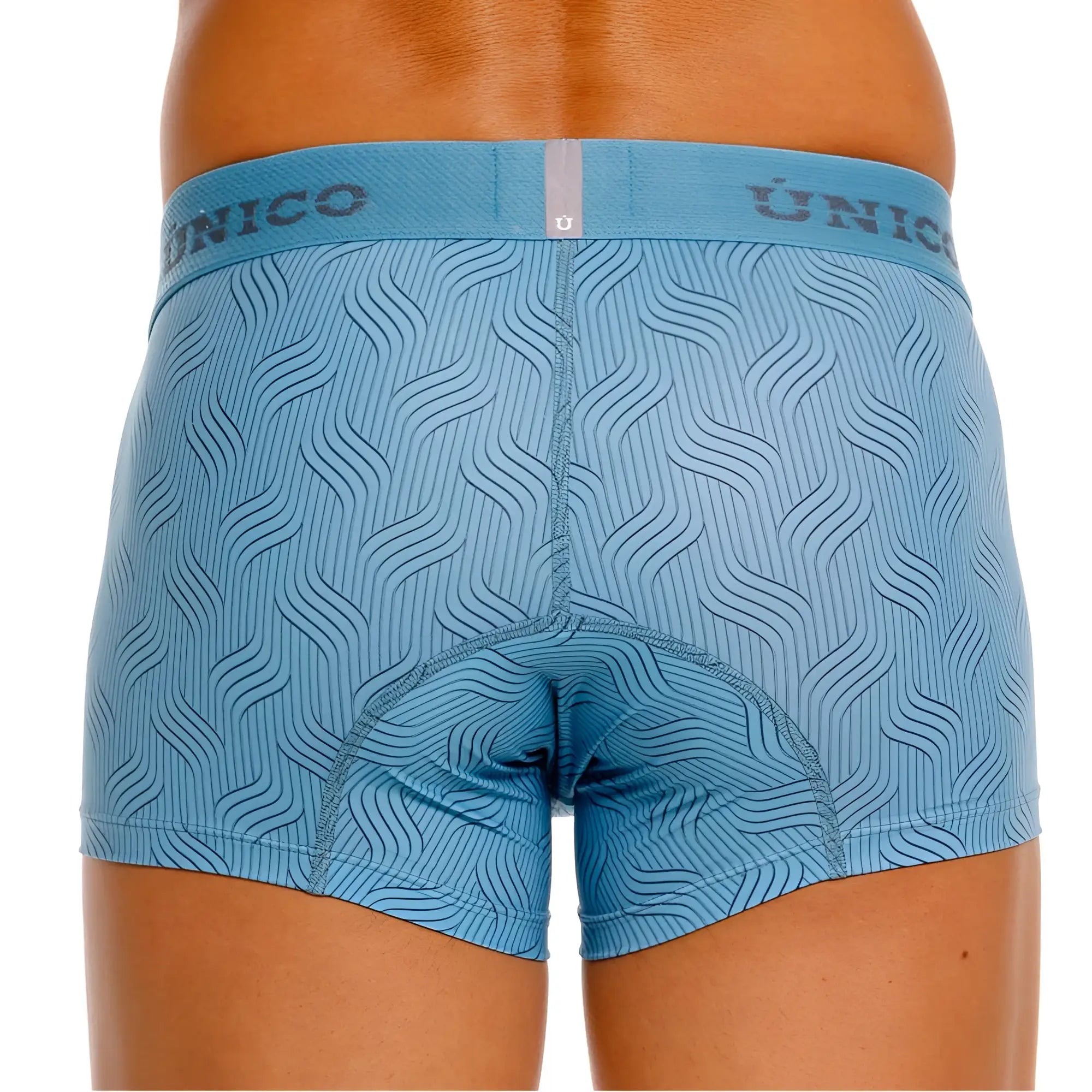 Light blue unico 26020100111 lenoso boxer briefs with subtle wavy pattern and branded waistband for comfortable wear