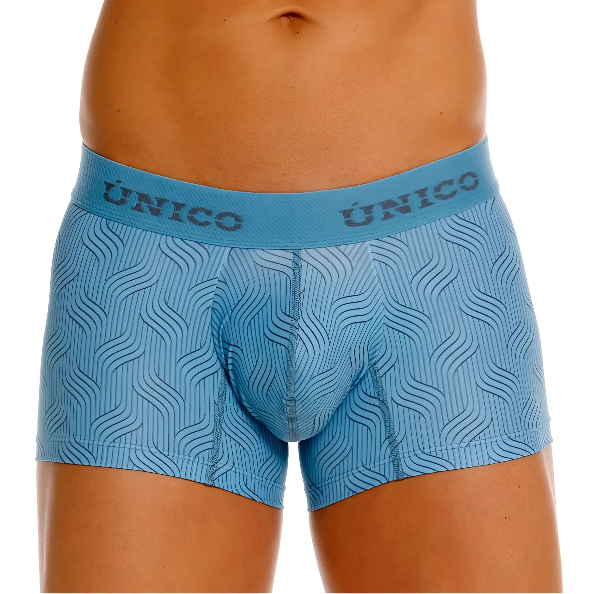 Light blue unico 26020100111 lenoso trunks featuring subtle wavy line pattern on soft breathable fabric
