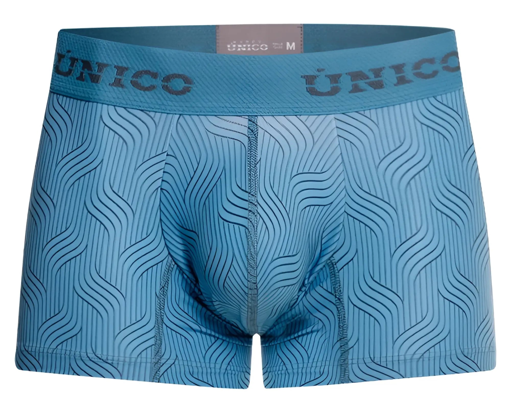Light blue unico men’s boxer briefs with subtle wave pattern and matching waistband featuring the brand name
