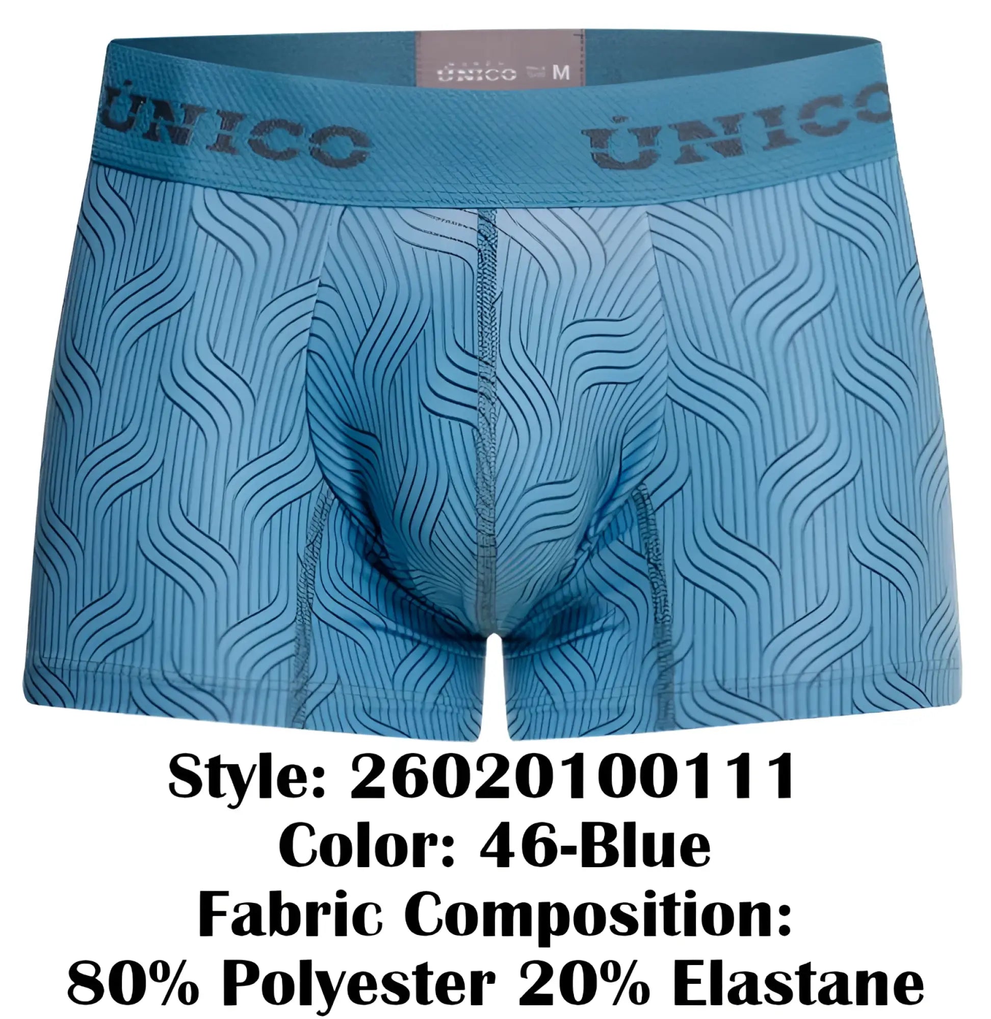 Light blue unico men’s boxer briefs with subtle wavy line pattern and elastic waistband lenoso trunks color 46-blue