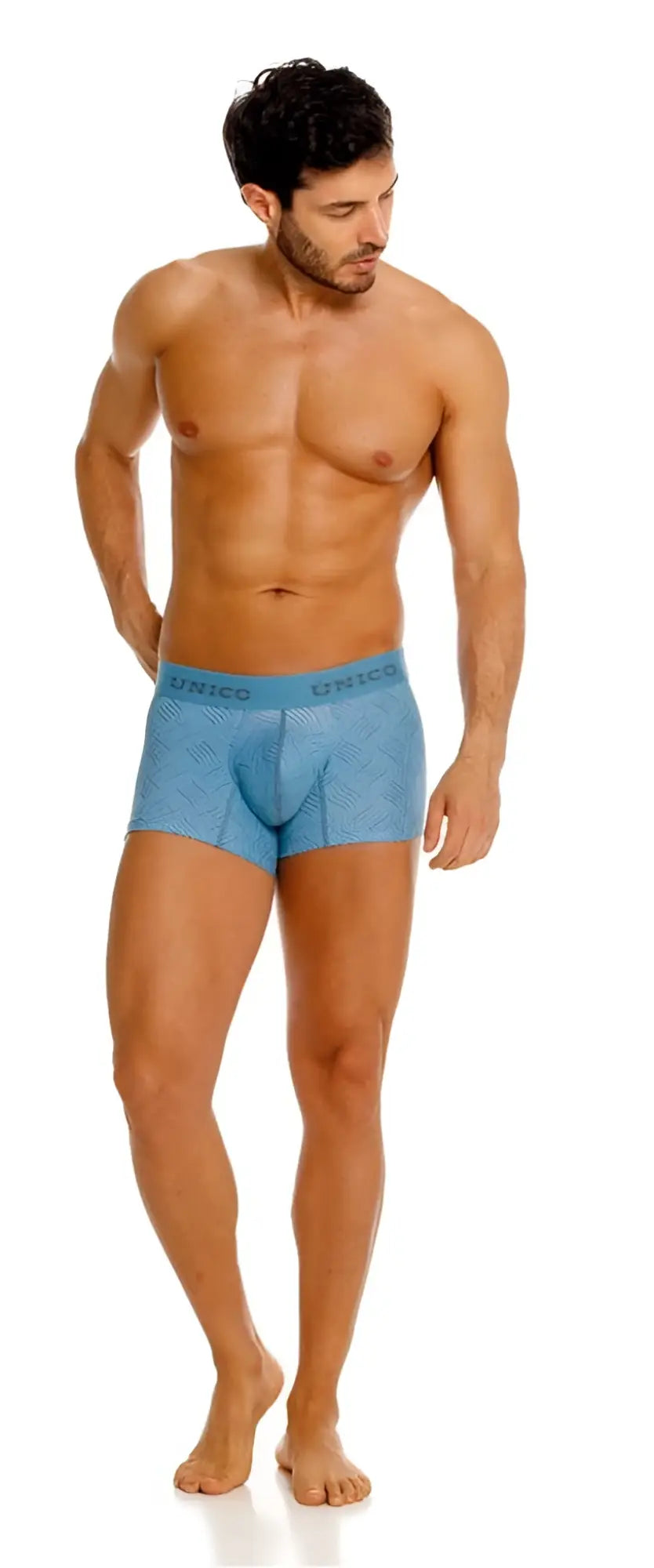 Light blue unico 26020100111 lenoso trunks with subtle geometric pattern and logo waistband for men