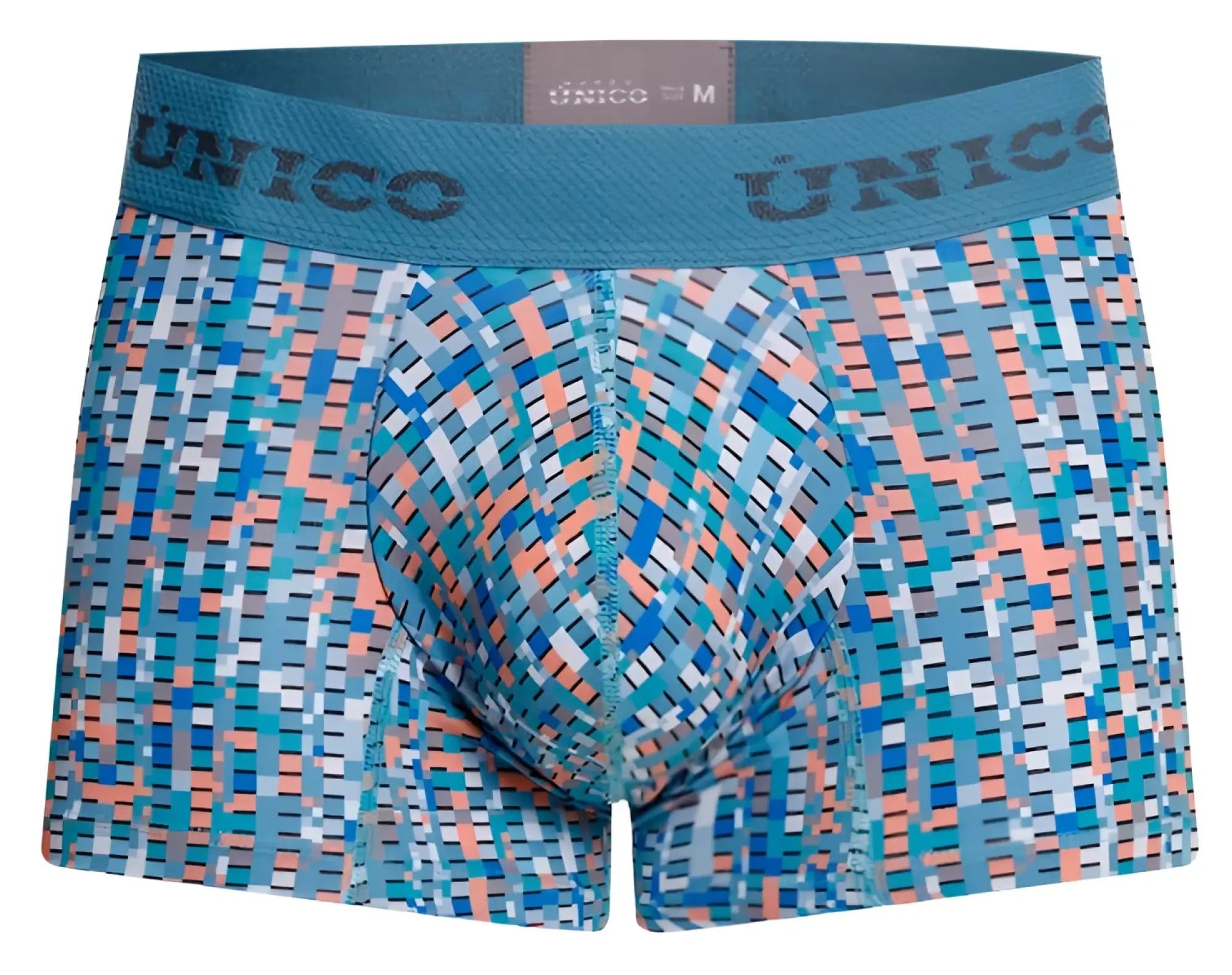 Unico 26020100112 lignina men’s boxer briefs in blue and coral pixelated pattern with teal elastic waistband