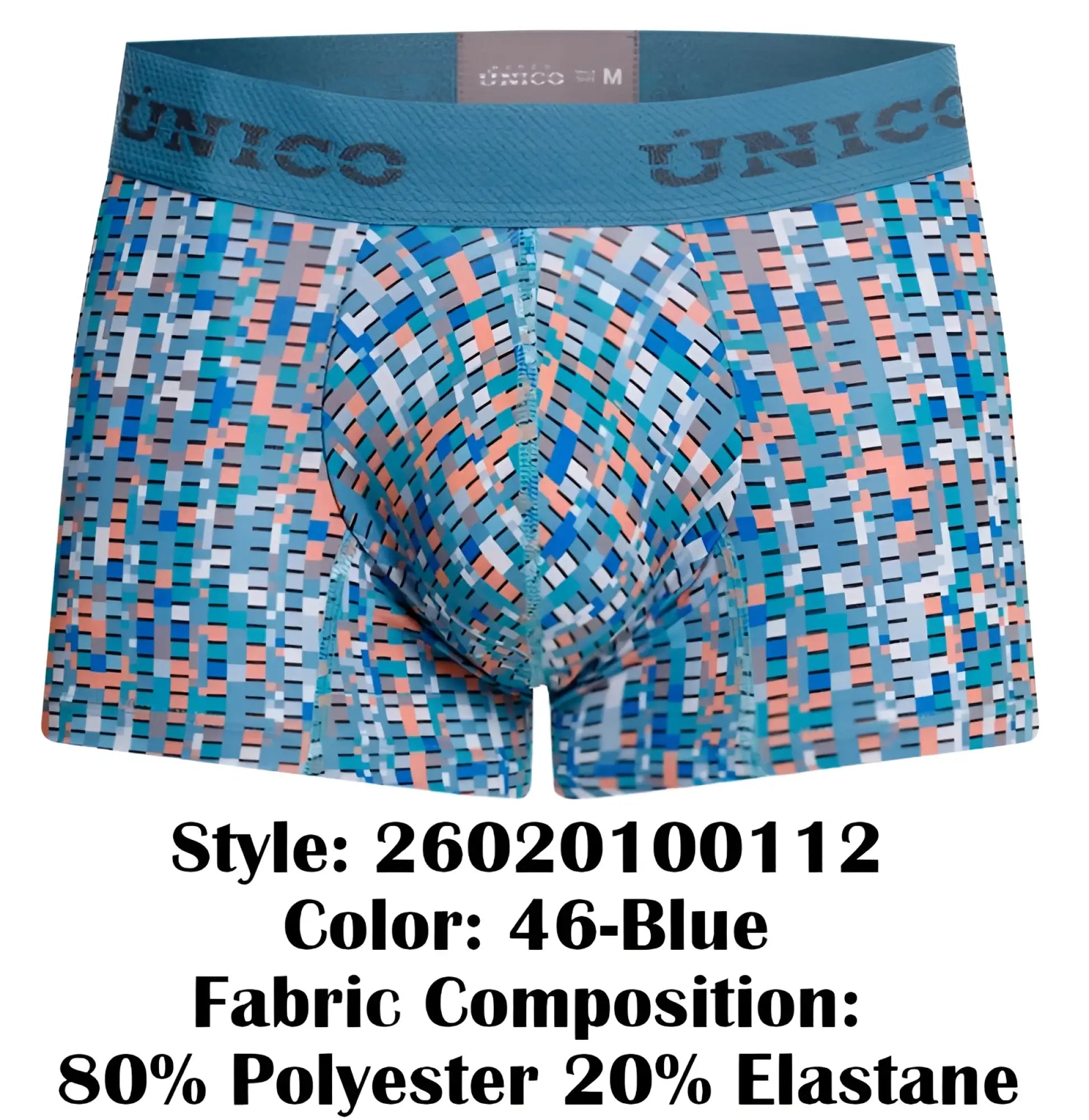 Unico lignina trunks color 46-blue boxer briefs with blue teal and peach geometric pattern in soft breathable fabric