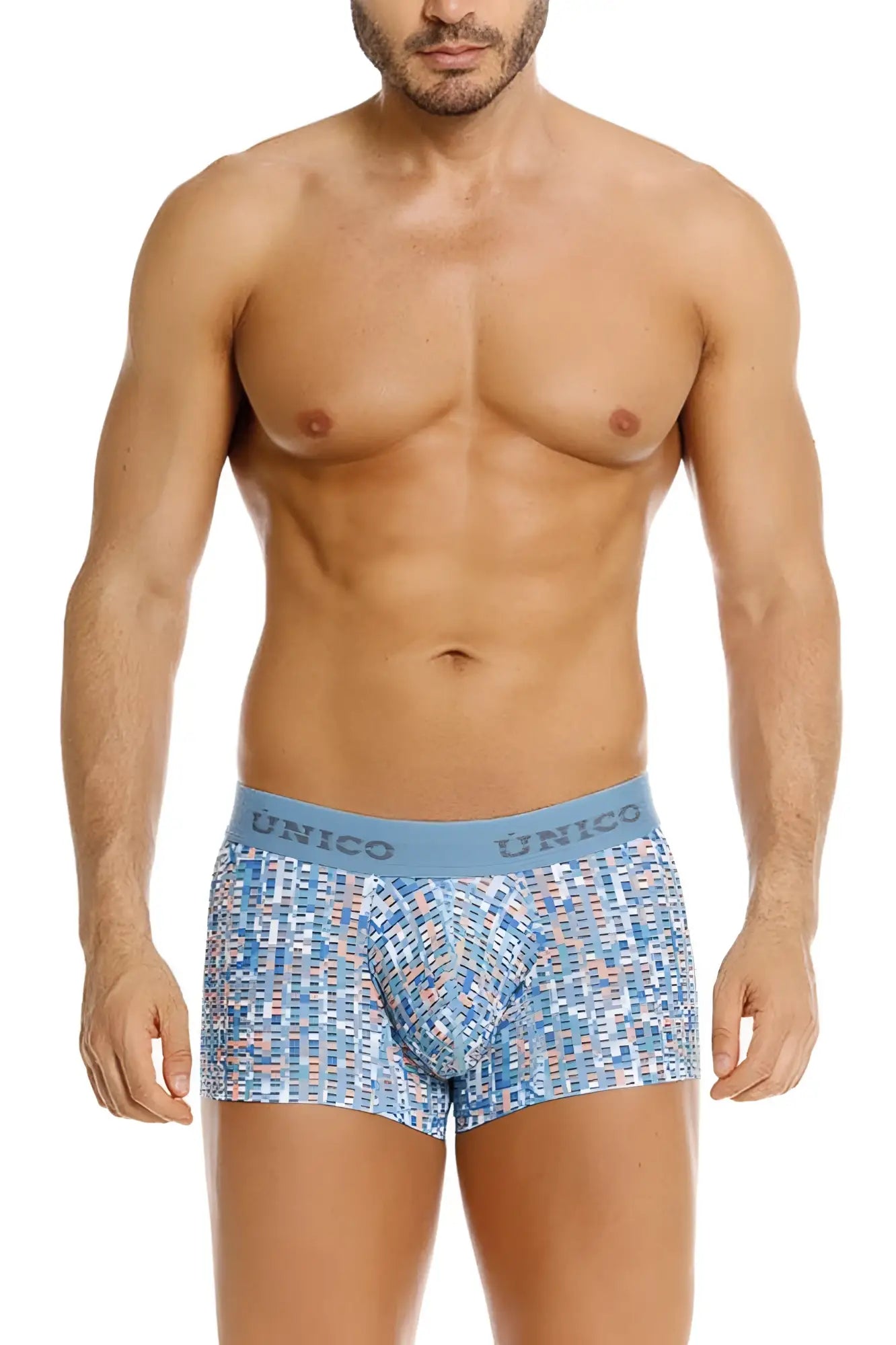 Blue patterned men’s boxer briefs with light blue unico waistband in unico 26020100112 lignina trunks color 46-blue
