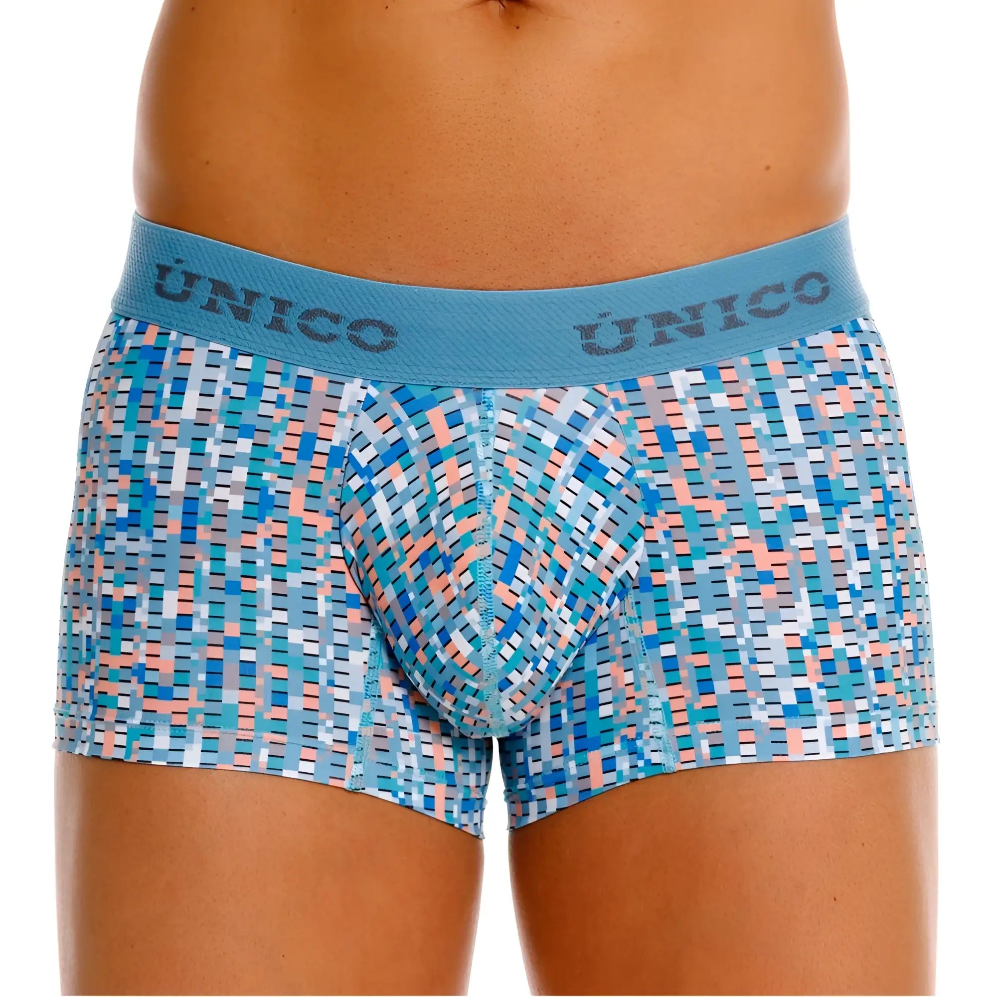 Unico 26020100112 lignina trunks men’s blue and peach geometric pattern boxer briefs with matching elastic waistband