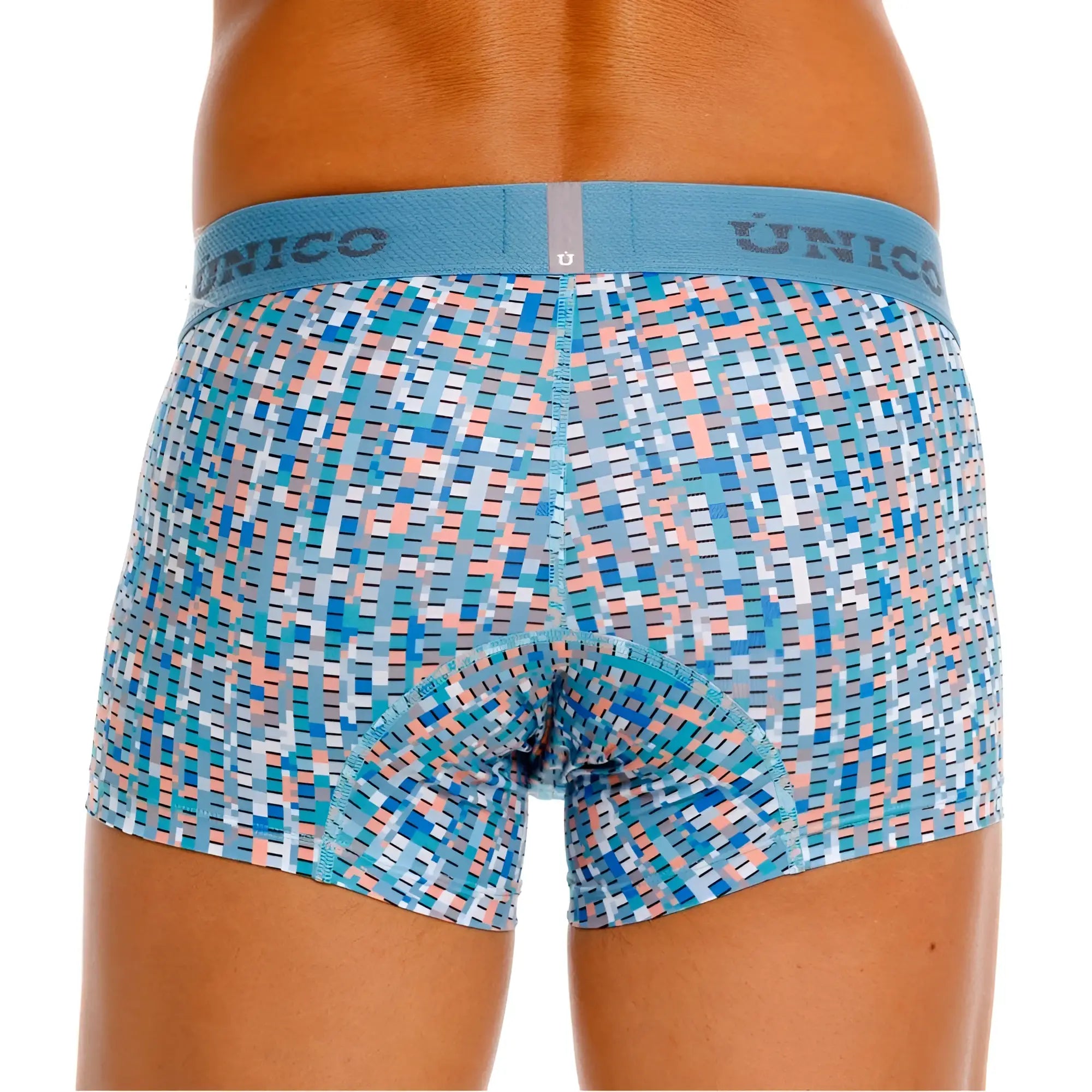 Unico 26020100112 lignina trunks color 46-blue men’s boxer briefs with blue and peach geometric pattern and matching waistband