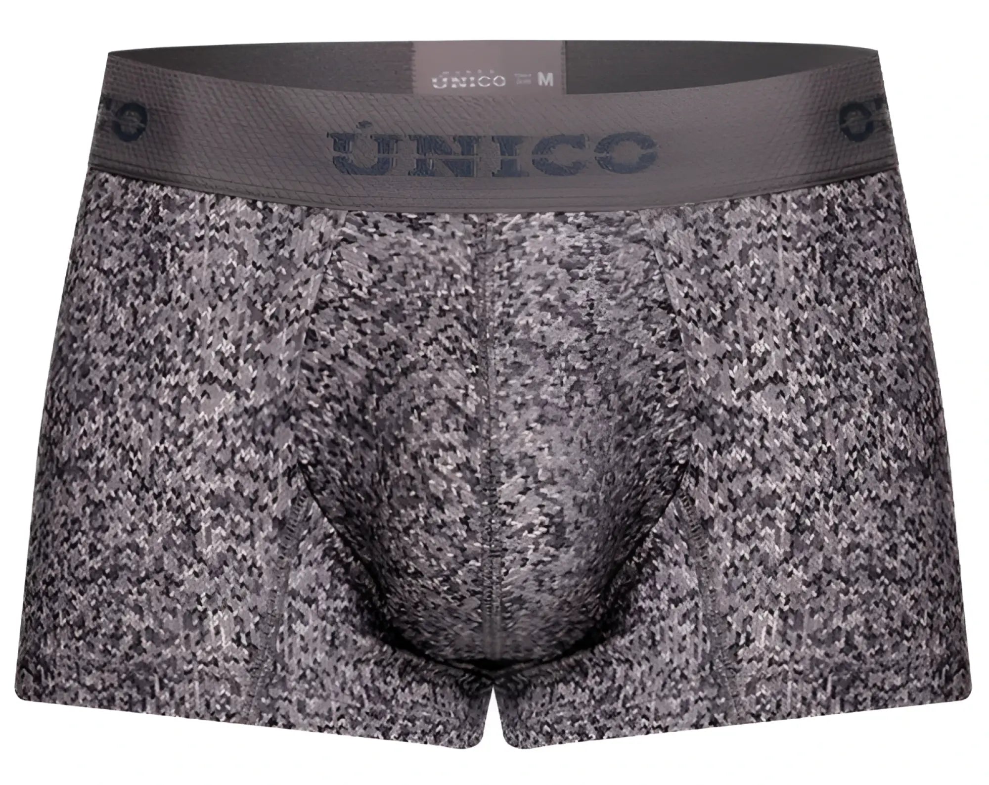 Gray and black speckled men’s boxer briefs with suede material and branded elastic waistband unisexo 26020100114