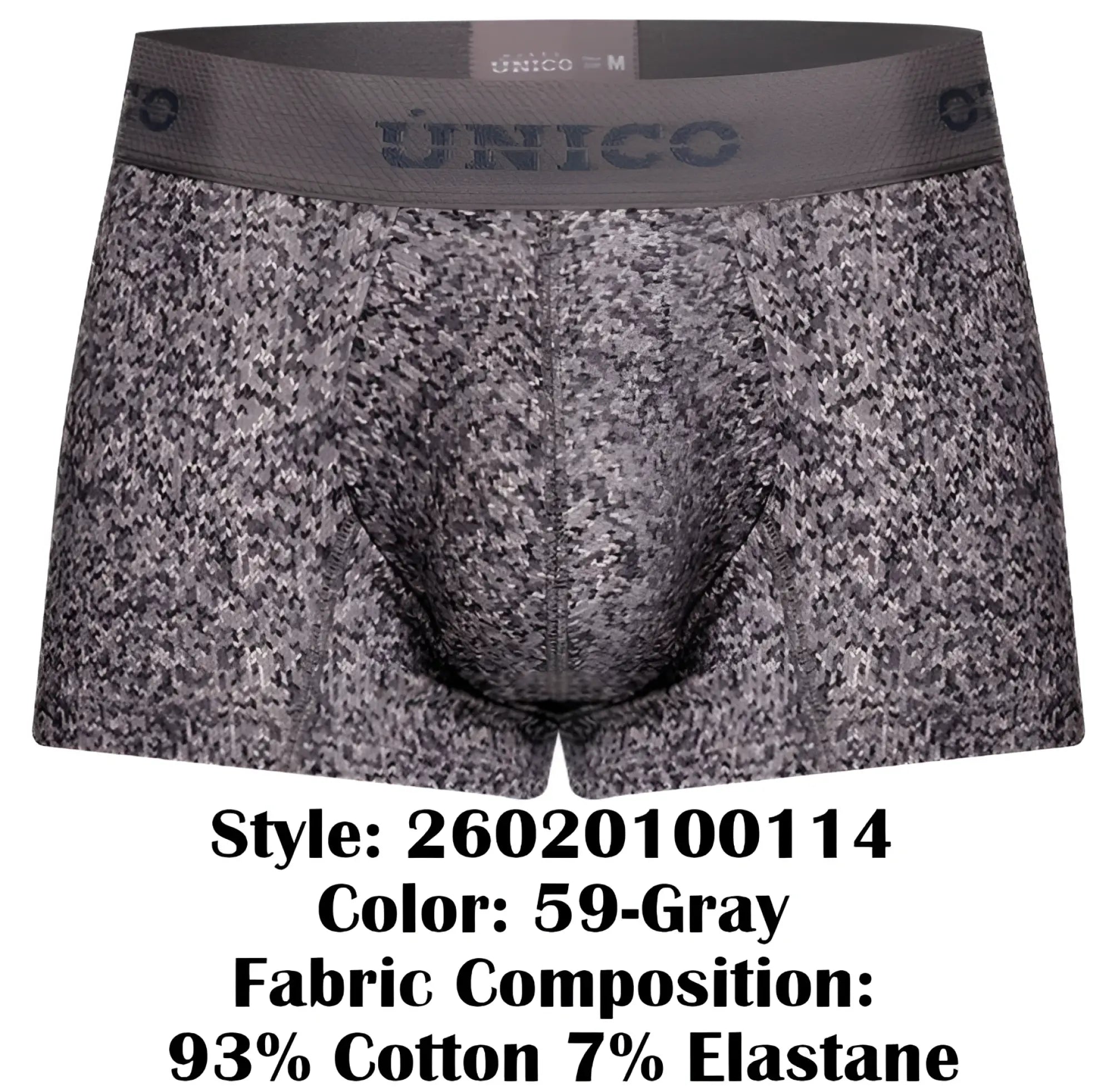 Gray patterned men’s boxer briefs with textured suede fabric and unico elastic waistband in color 59 gray