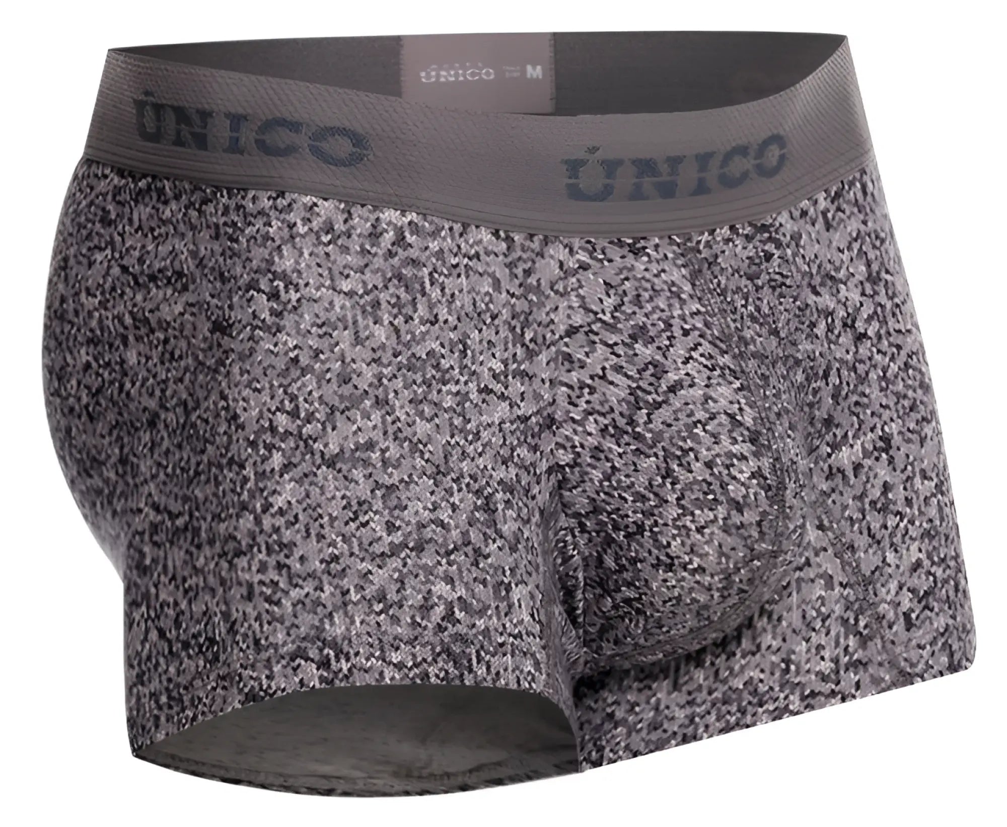 Gray and white speckled suede men’s briefs with unico branded elastic waistband color 59 gray