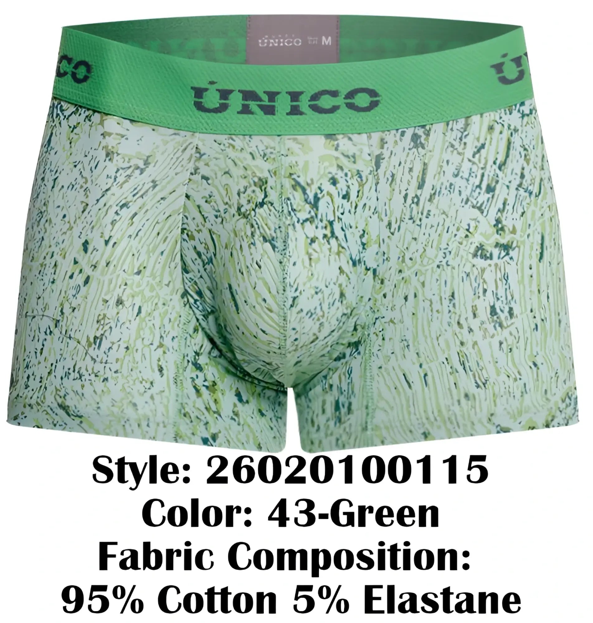 Green patterned unico 26020100115 hunos trunks with solid green waistband and unico brand name in color 43 green