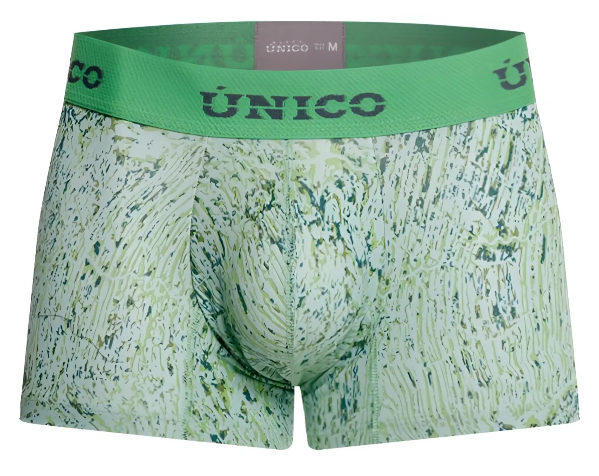 Green patterned boxer briefs with textured abstract design and unico brand waistband for comfortable daily wear
