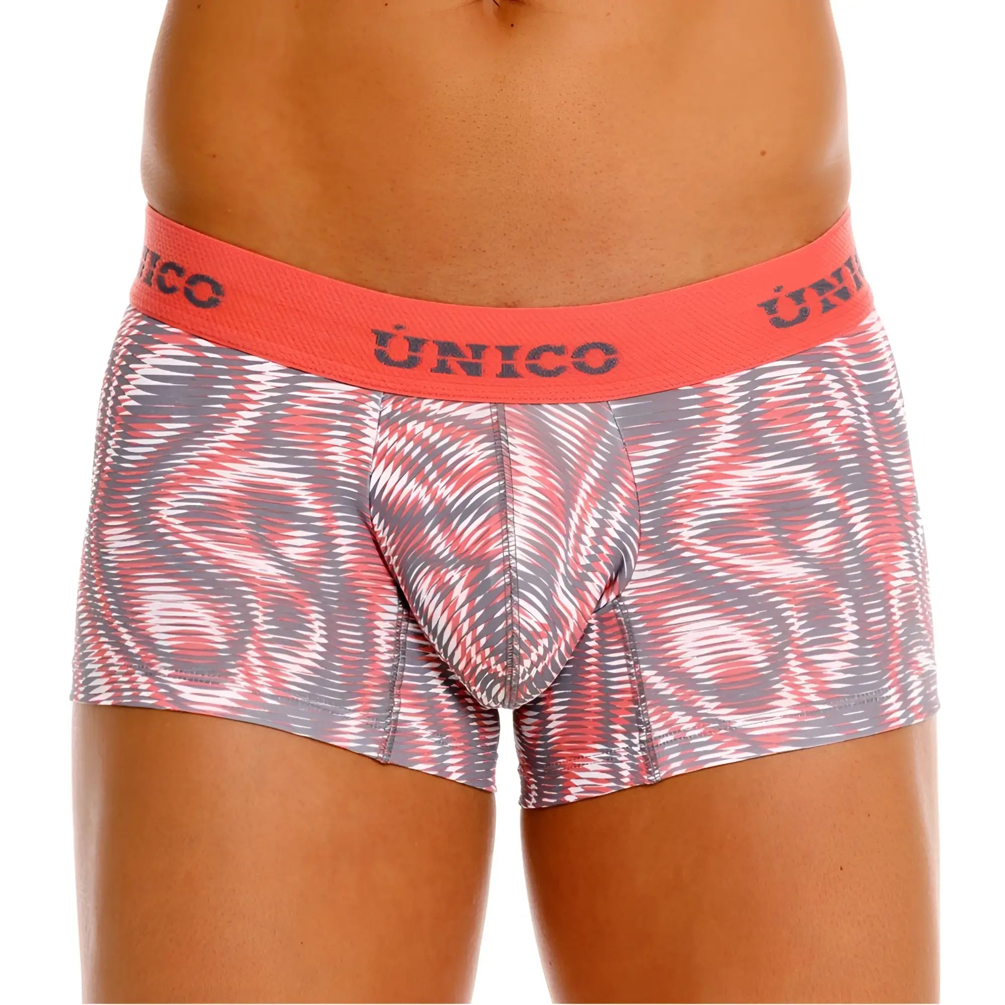 Unico 26020100116 acanalado trunks men’s boxer briefs in pink and gray abstract pattern with coral waistband