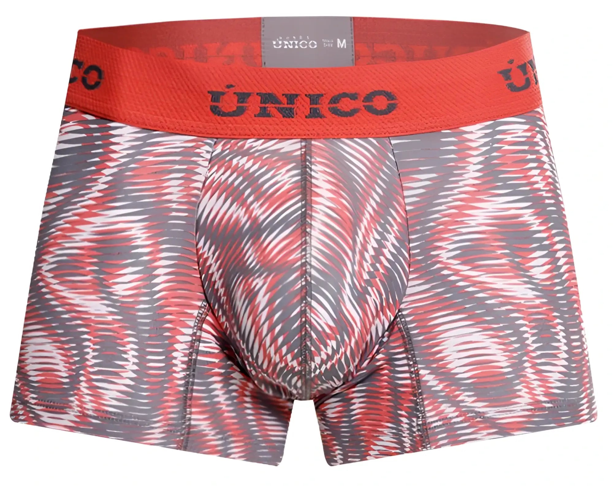 Unico acanalado trunks in red and gray with bold abstract wave design for men’s patterned boxer briefs