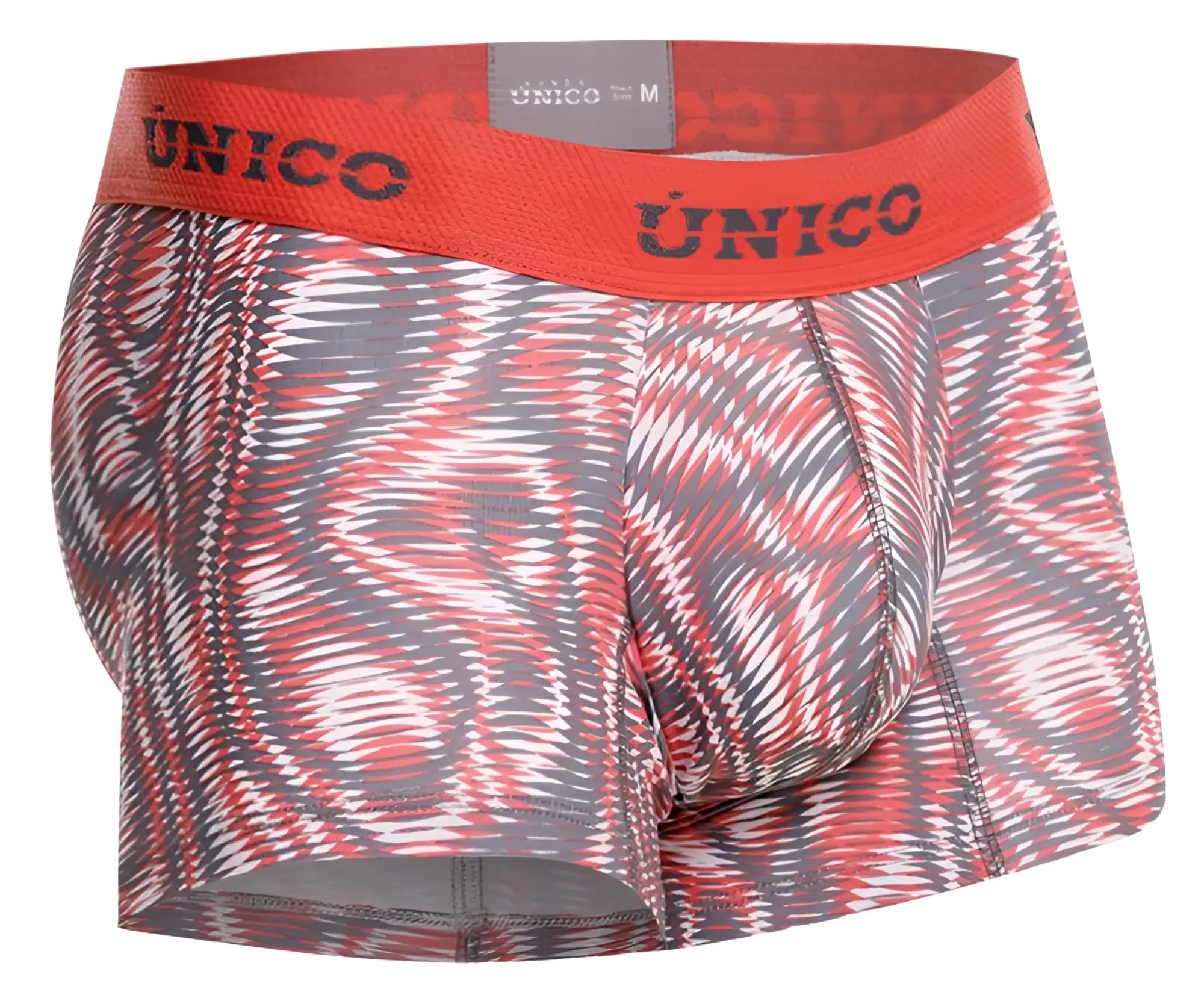 Unico 26020100116 acanalado trunks men’s boxer briefs in red and gray with a bold abstract pattern and stretchy fabric