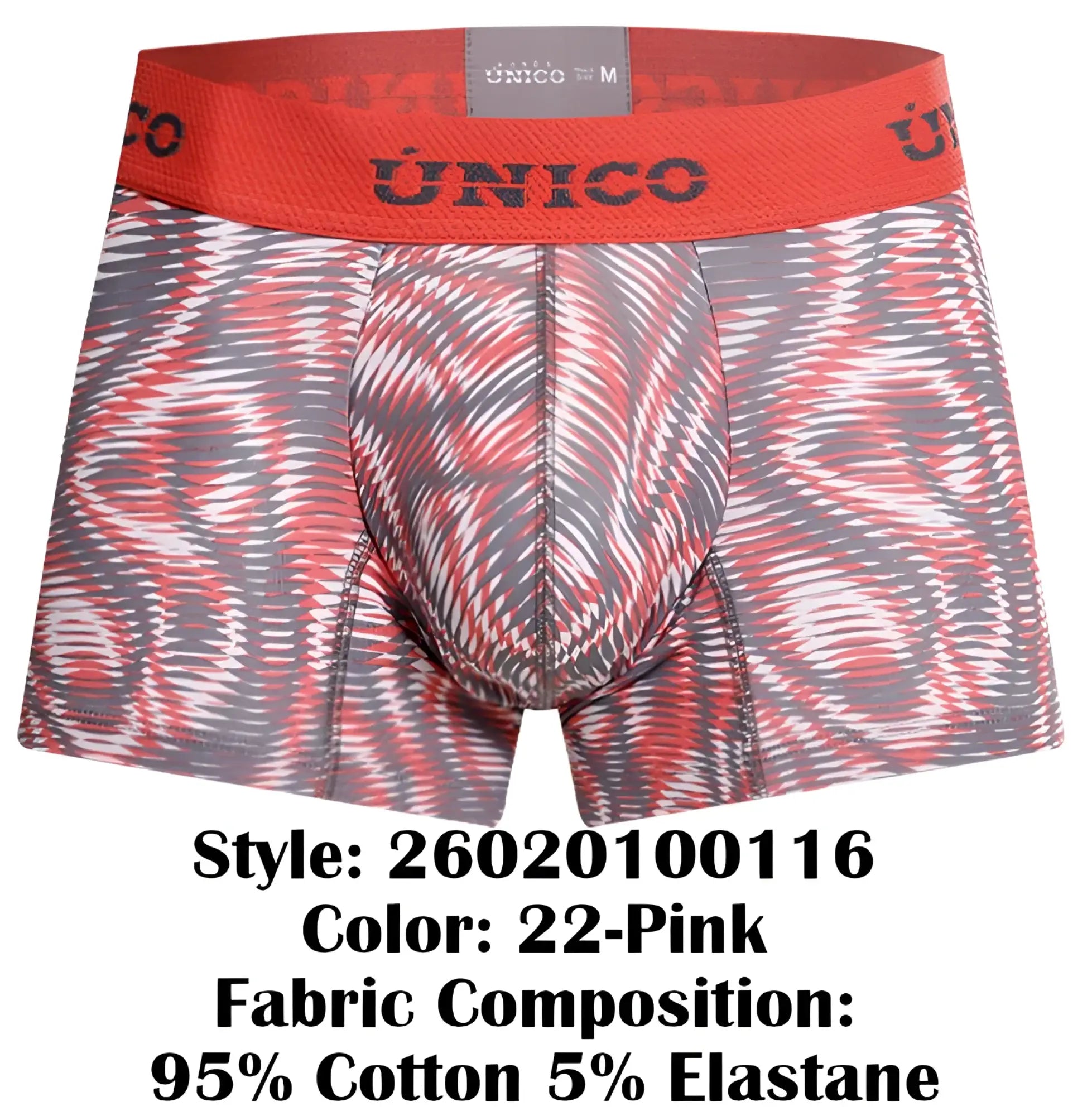 Unico 26020100116 acanalado trunks men’s boxer briefs in red and gray with bold abstract wave pattern