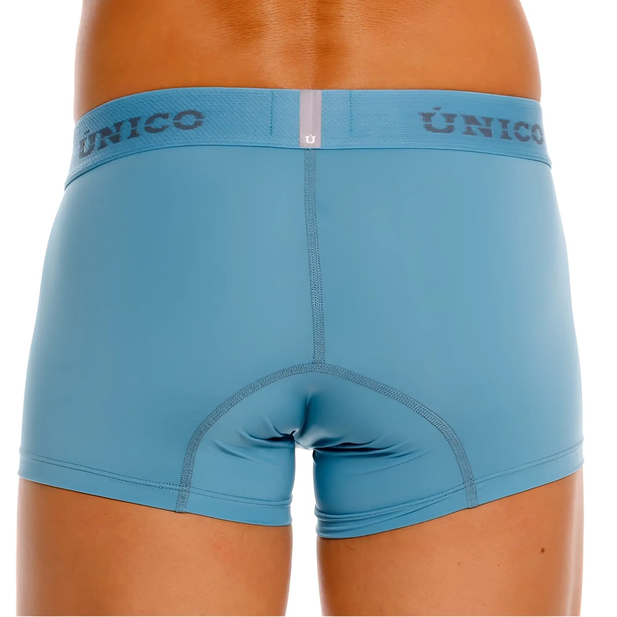 Light blue unico 26020100118 ventisca trunks with matching elastic waistband featuring dark gray brand name lettering