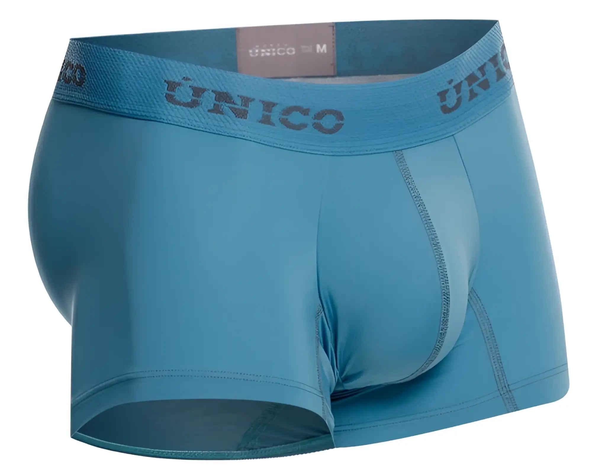 Light blue unico 26020100118 ventisca trunks with matching waistband and dark gray brand name lettering