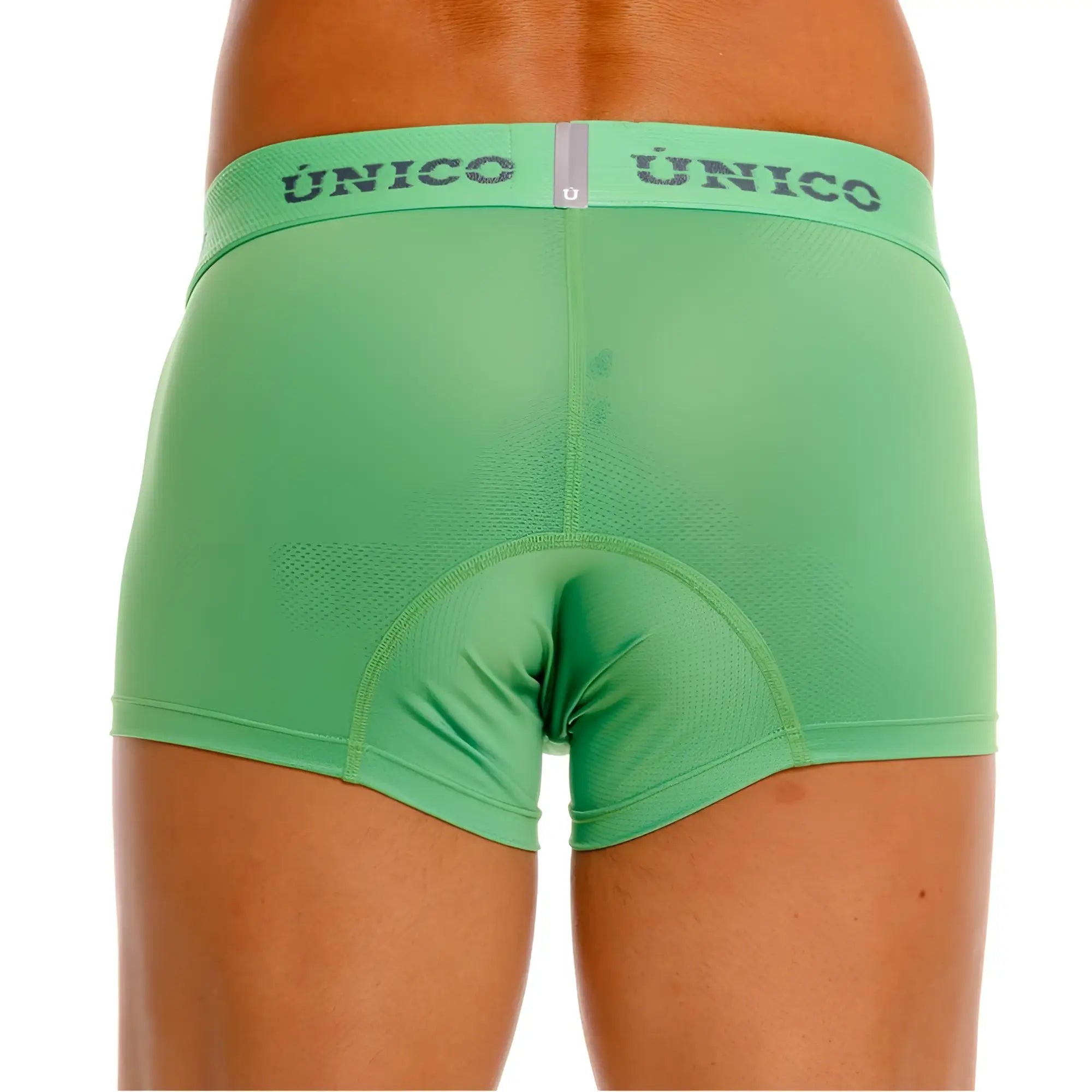Green unico men’s cycling briefs frog trunks color 43-green with padded seat area and textured fabric shown from back