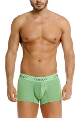 Light green unico frog trunks briefs with subtle elastic waistband and dark gray branded lettering color 43-green
