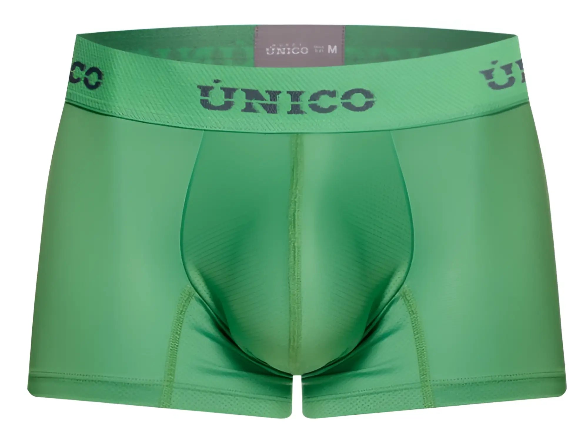 Green unico men’s boxer briefs with matching elastic waistband featuring dark gray brand name lettering color 43-green