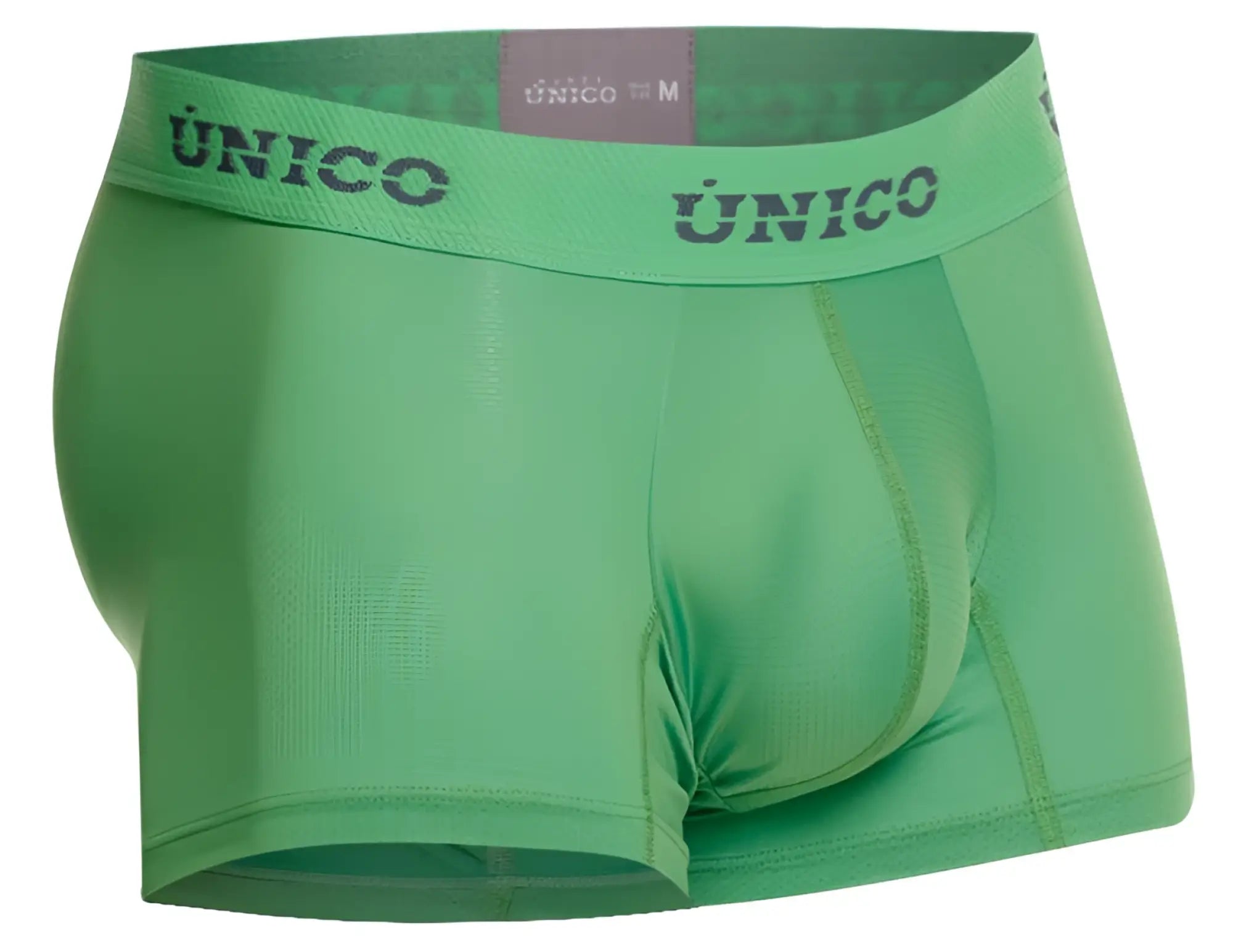 Green unico men’s boxer briefs with supportive contoured design and elastic waistband with brand name in dark gray