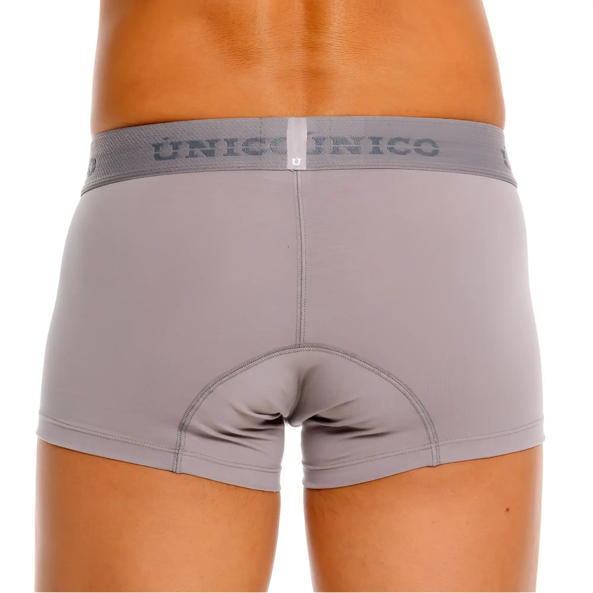 Gray unico ruano trunks brief with matching elastic waistband featuring dark gray unico branding in color 59-gray
