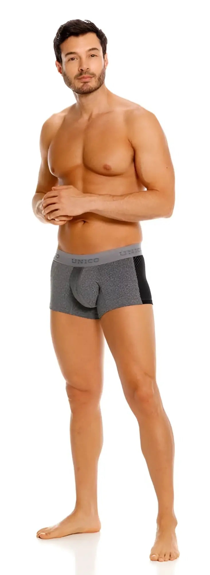 Gray and black men’s briefs with textured fabric waistband featuring unico brand name in color 59-gray