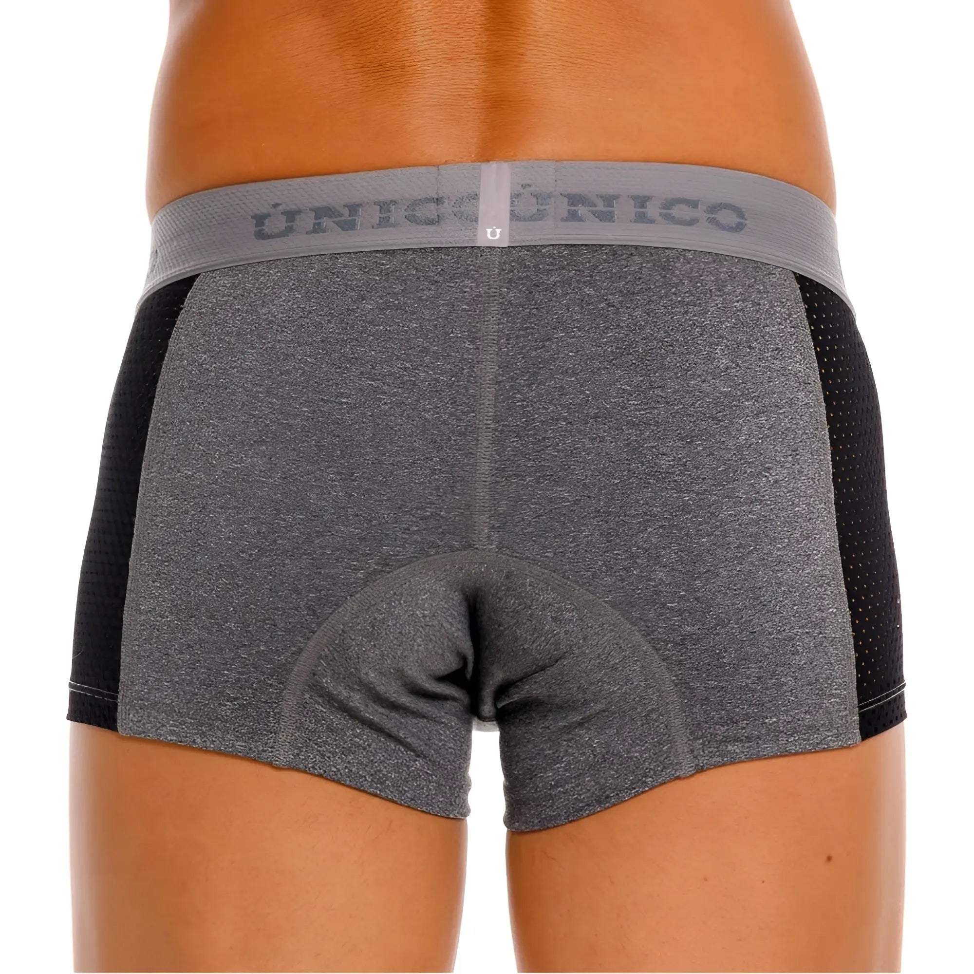 Gray and black unico 26020100121 brio men’s cycling shorts with textured fabric perforated side panels and elastic waistband