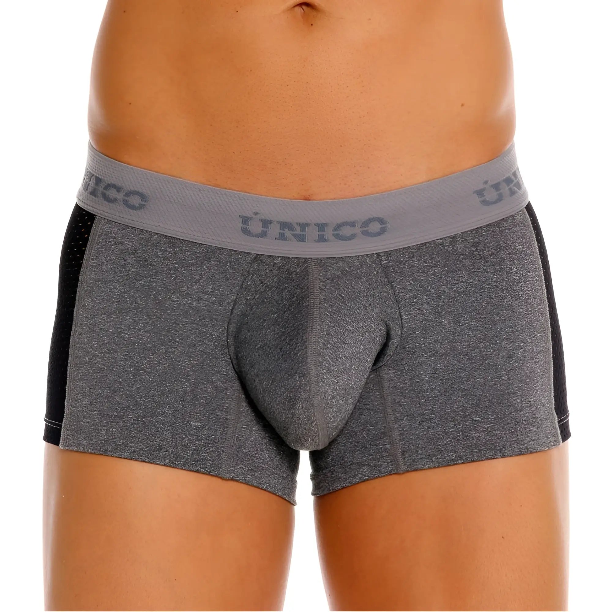 Gray heathered briefs with black side panels and unico branded elastic waistband in unico 26020100121 brio trunks color 59-gray