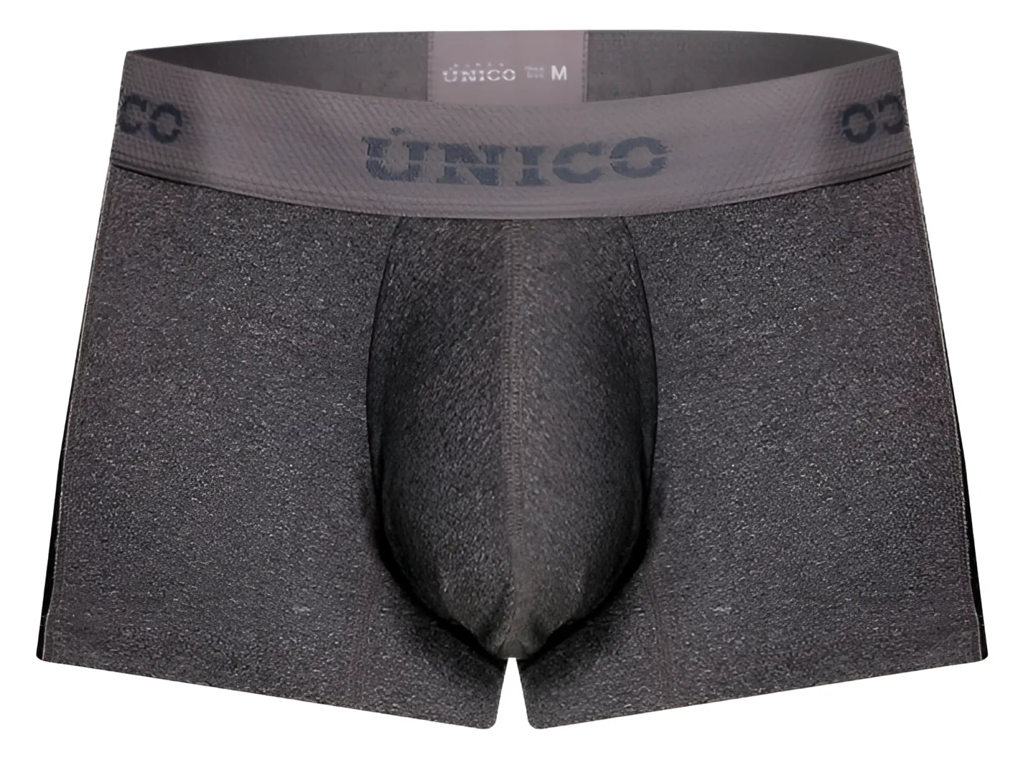 Gray heathered men’s briefs with matching unico elastic waistband in dark gray lettering from unico 26020100121 brio trunks