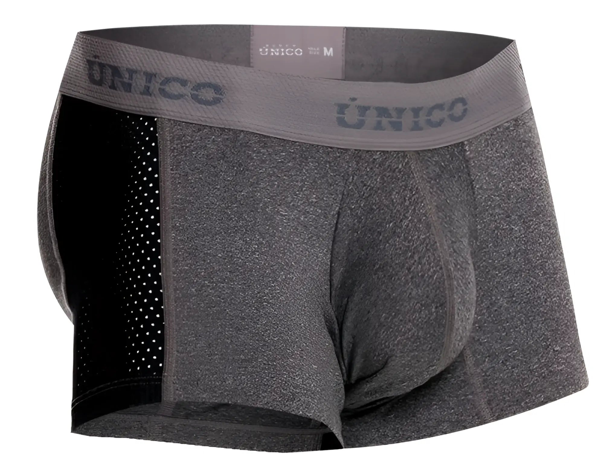 Gray textured men’s boxer briefs with black mesh side panel and unico branding on waistband in color 59-gray