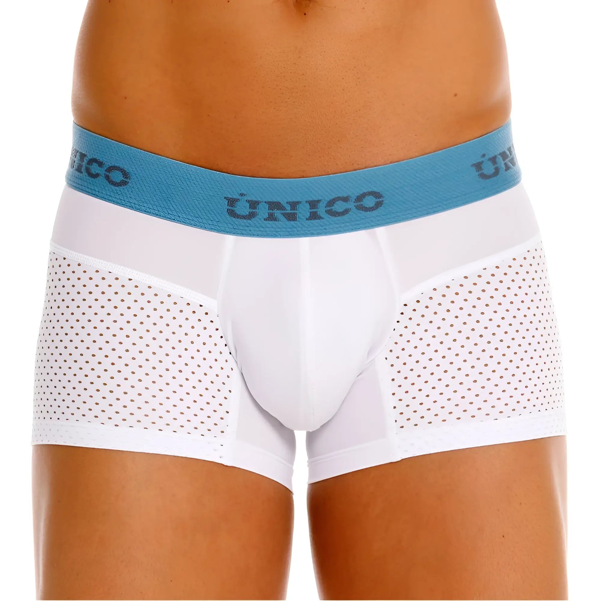 White unico boxer briefs with perforated side panels and a blue waistband from unico 26020100122 sedoso trunks