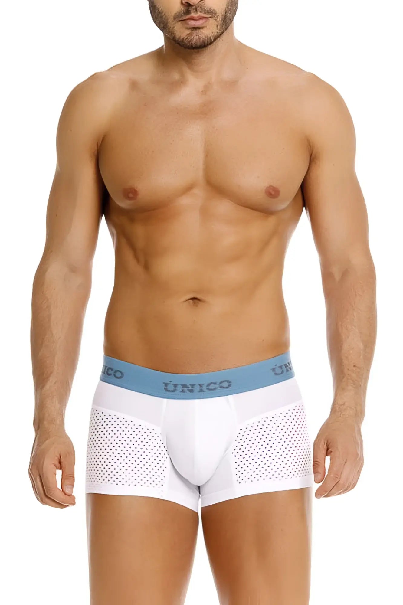 White unico boxer briefs with light blue waistband brand name and perforated mesh side panels sedoso trunks color 00-white