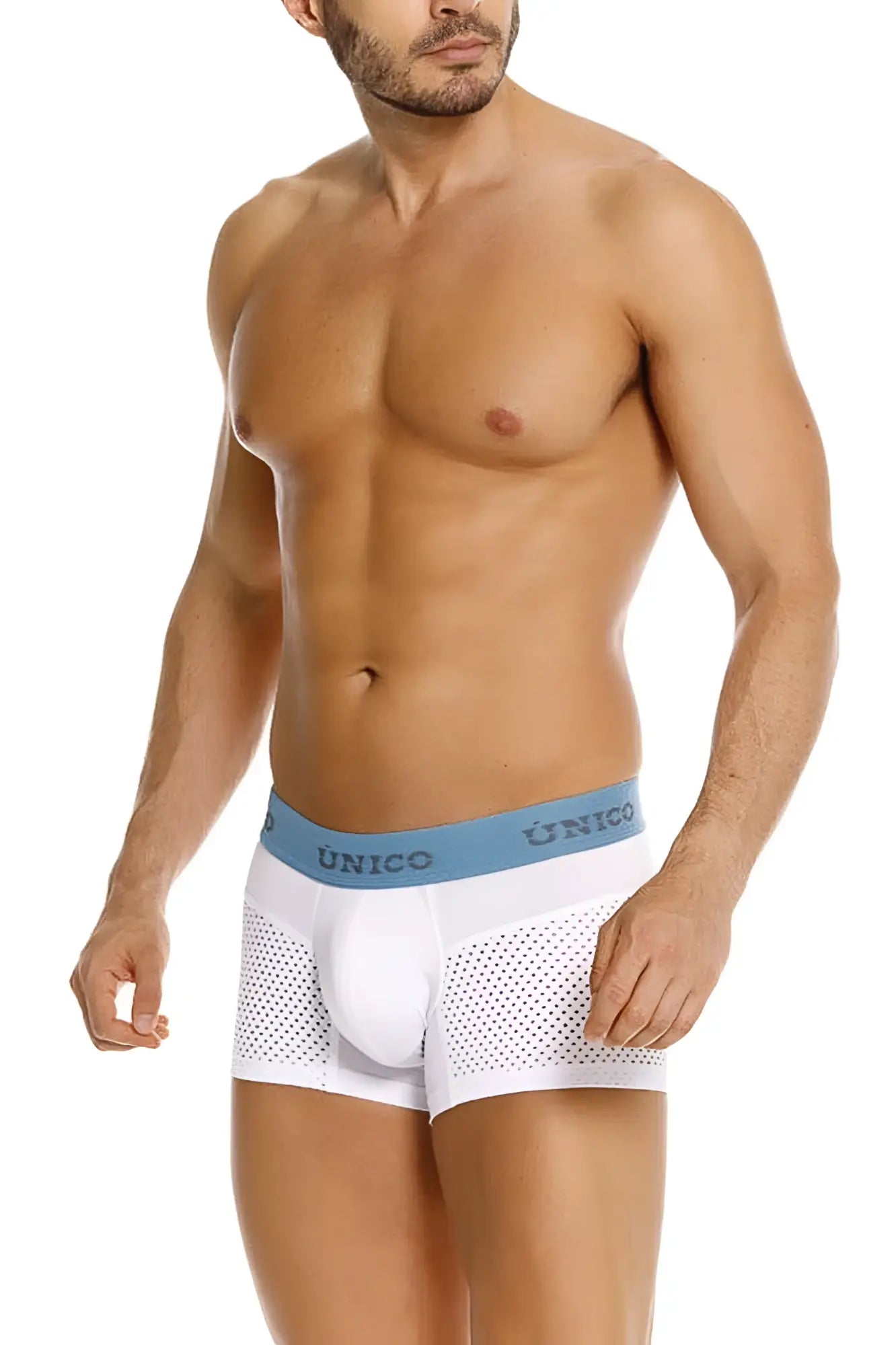 White unico boxer briefs unico 26020100122 sedoso trunks with light blue waistband and perforated mesh sides
