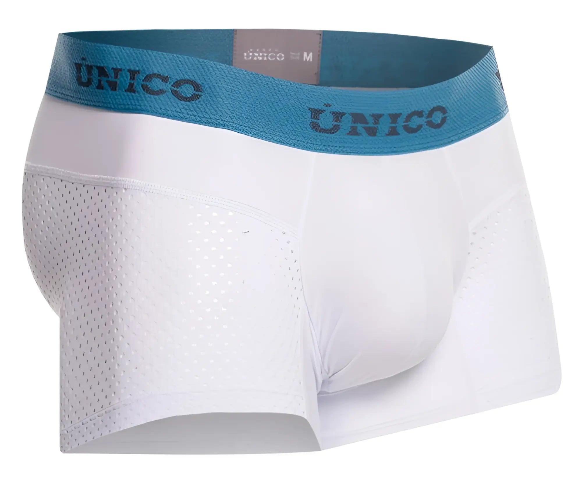 White unico men’s boxer briefs with blue branded waistband and perforated mesh side panels sedoso trunks color 00-white