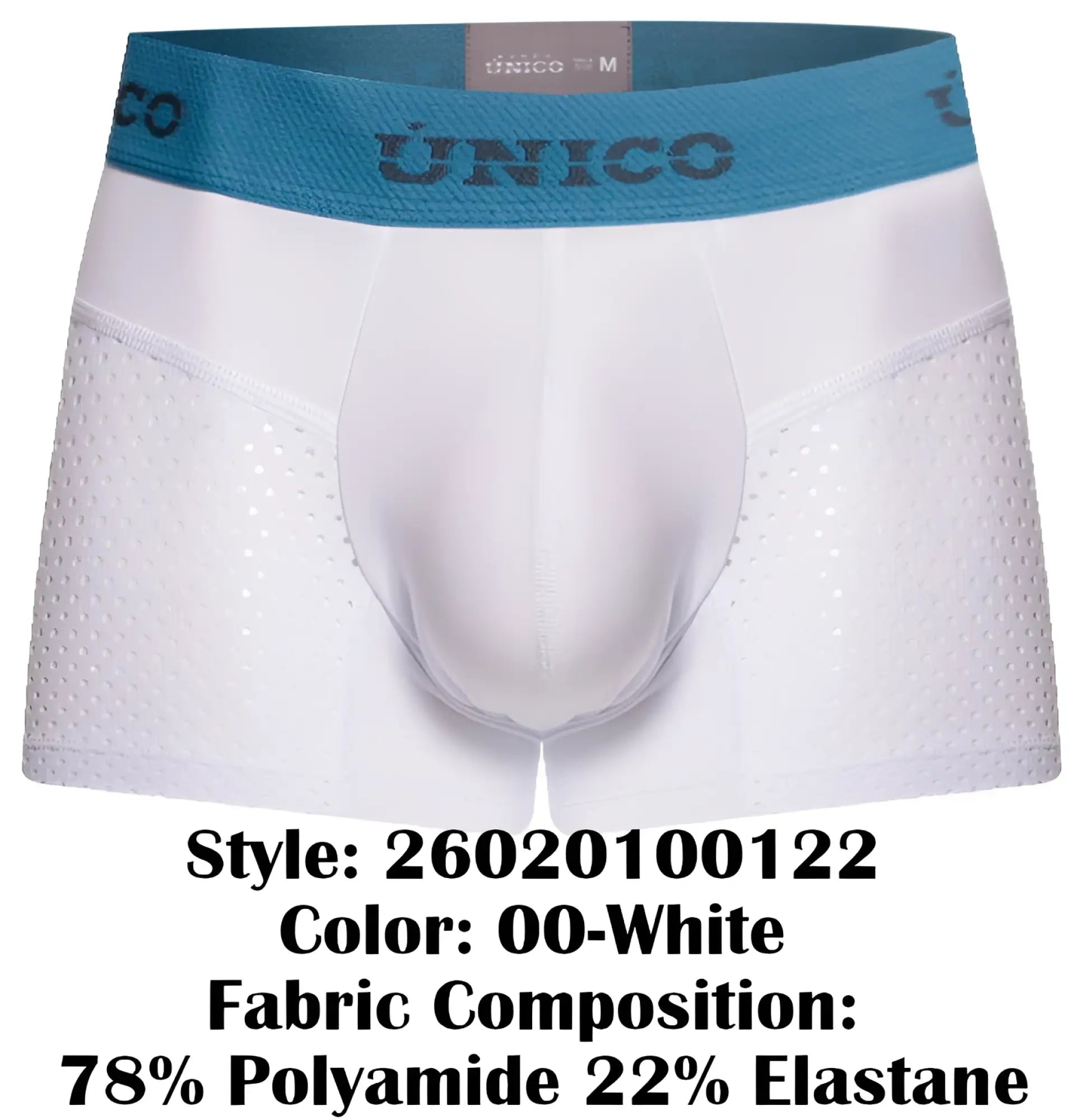 White unico men’s boxer briefs with teal waistband and perforated side panels from sedoso trunks collection