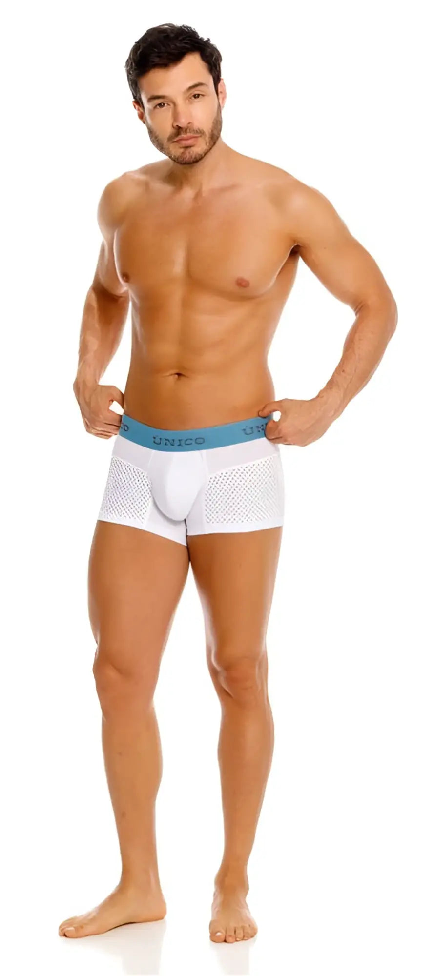 White mesh briefs with a light blue unico elastic waistband from unico 26020100122 sedoso trunks color 00-white