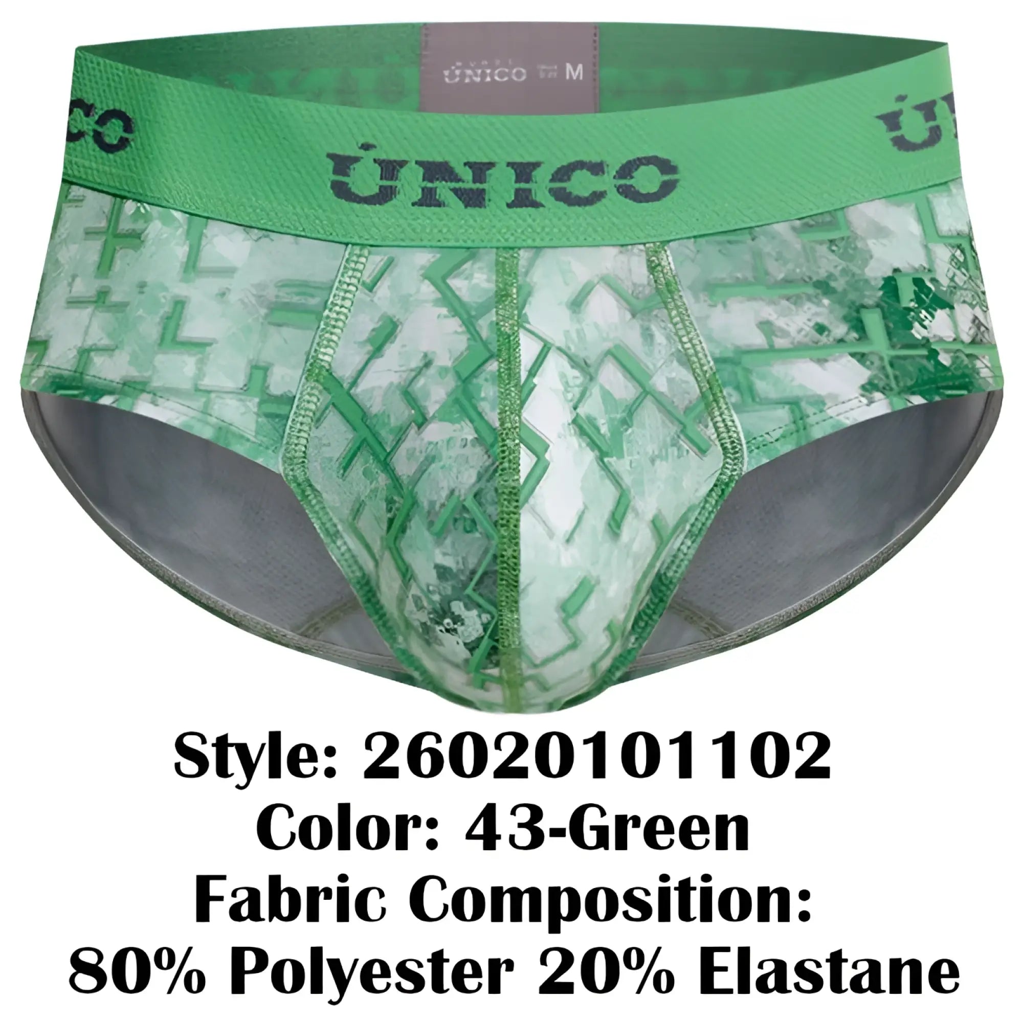 Green patterned unico 26020101102 piramide briefs with geometric design and elastic waistband for men