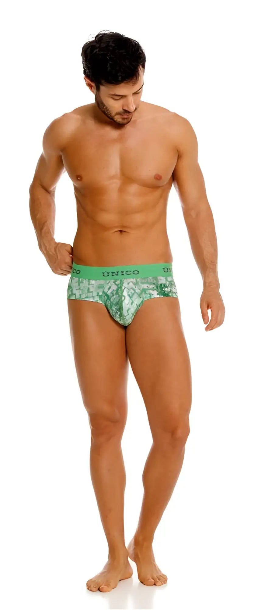 Green patterned unico piramide briefs with solid green waistband and branded logo in color 43 green